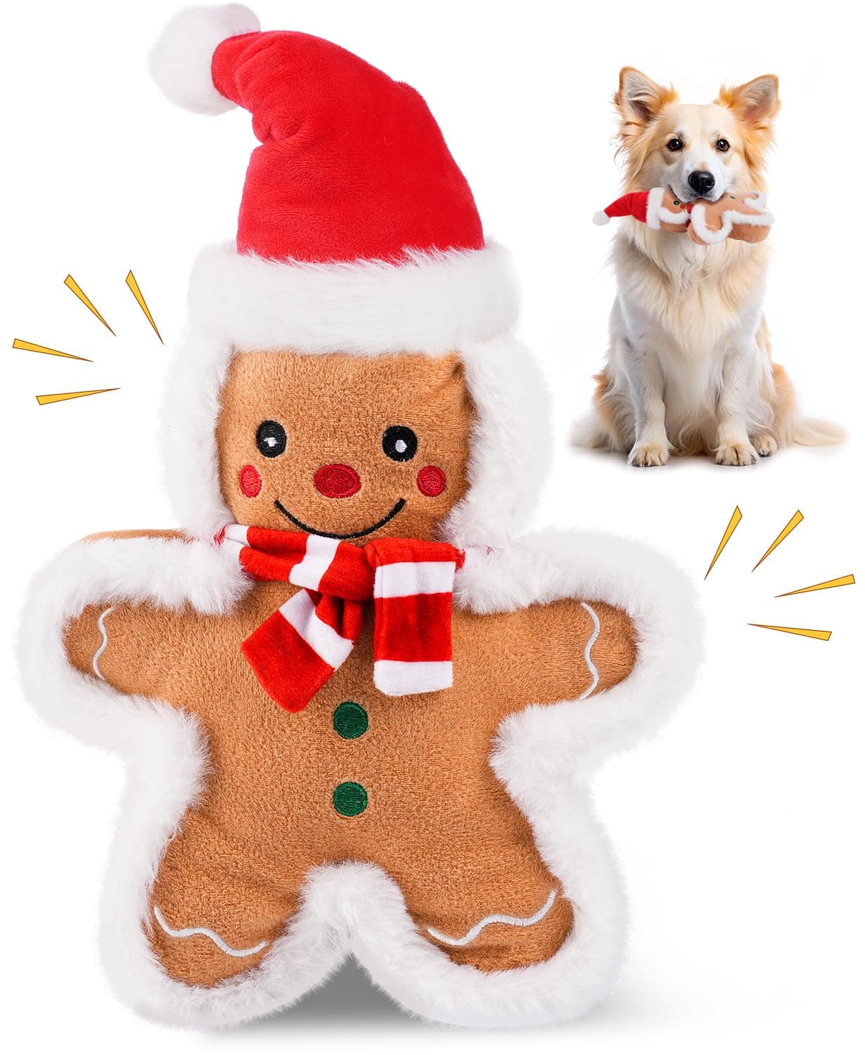 13.4'' Christmas Squeaker Dog Toys Stuffed Gingerbread Man Dog Plush Chew Toys Holiday Stocking for Small, Medium, Large Dogs Breed