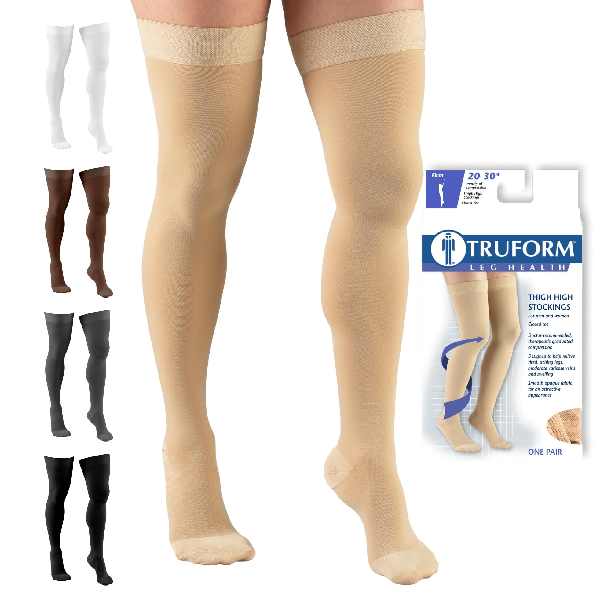 Truform 20-30 mmHg Compression Stockings for Men and Women, Thigh High Length, Dot Top, Closed Toe, Beige, Large