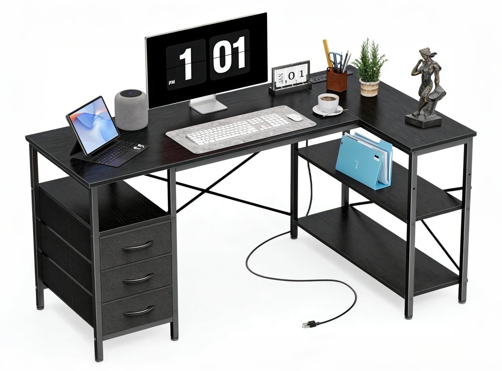 Alpen Computer Desk with Drawers, L Shaped Desk for Bedroom with Power Outlets, Gaming Table with Storage Shelves, Corner Desk for Gaming, Study Writing PC Table, 55 Inch, Black