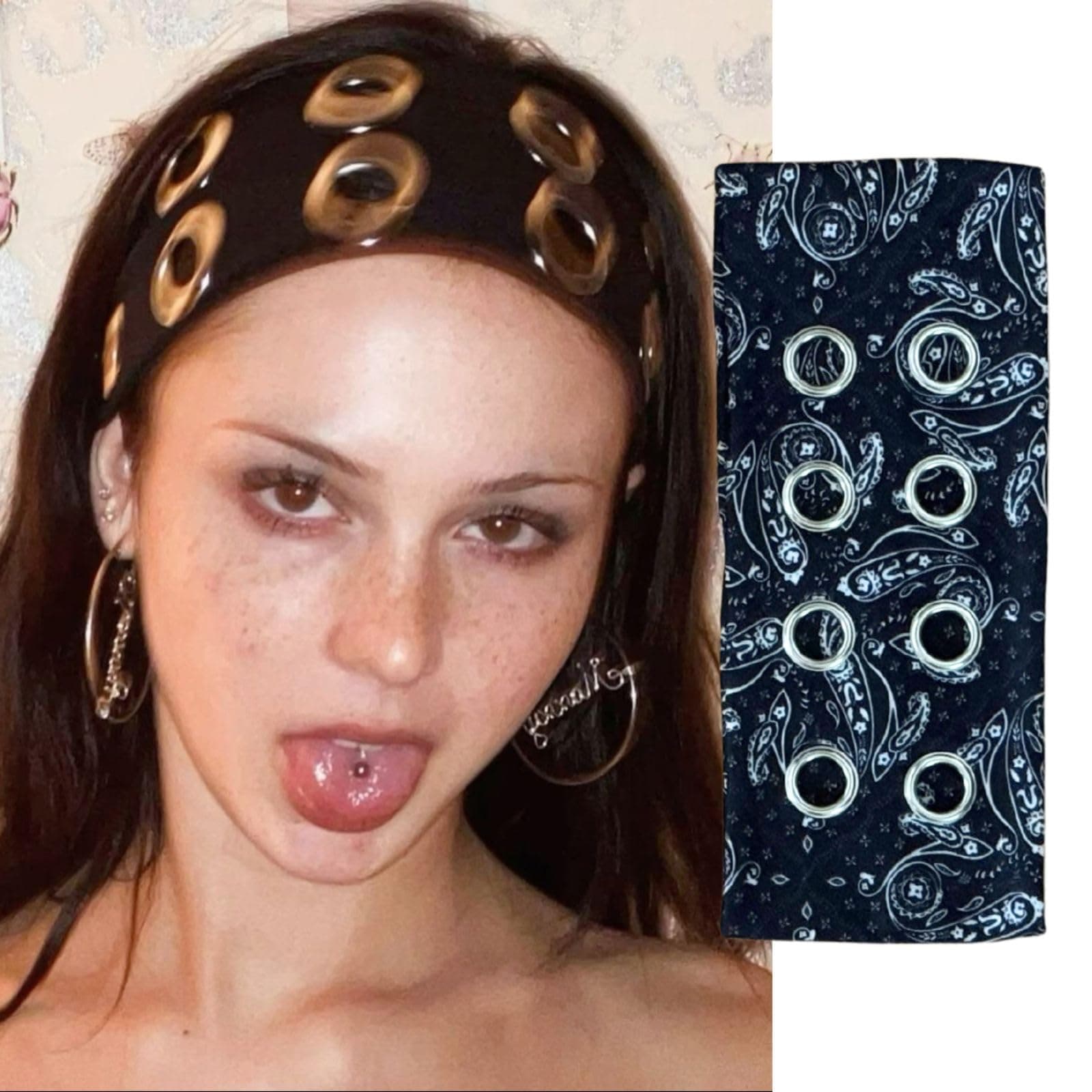Juglok Wide Grommet Headband for Women Stretch Punk Hair Band with Metal Eyelets Y2K Gothic Head Wrap for Streetwear Adjustable Rock Style Hair Accessories (Black Paisley Print, Average)