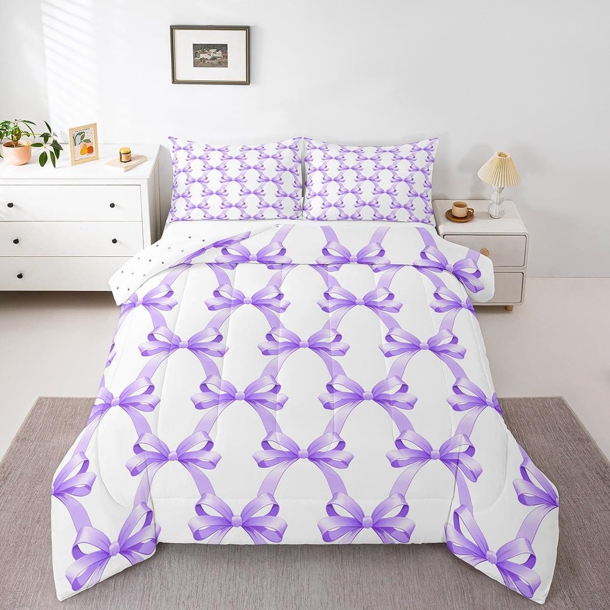 Purple Bowknot Kids Comforter Set Queen Size,Bow Tie Butterfly Knot Patchwork Geometric Bedding Set,Girls Women Room Decor,Cute Princess Girly Down Comforter,Romantic Duvet Insert,2 Pillowcases