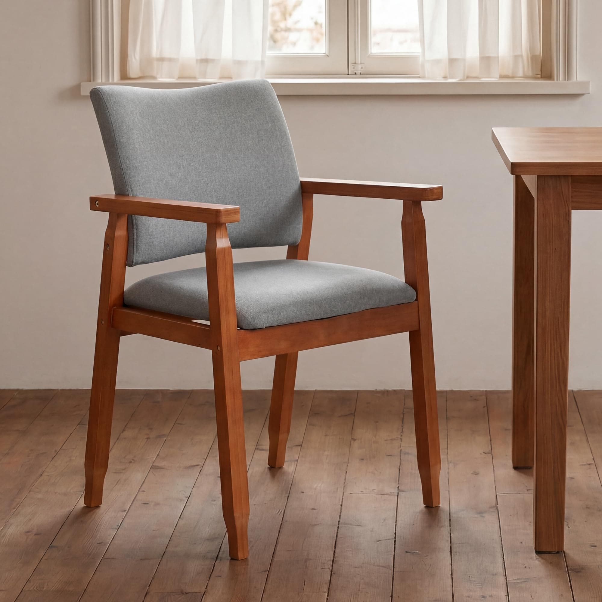 Mid Century Modern Dining Chairs Wood Arm Grey Fabric Kitchen Cafe Living Room Decor Furniture