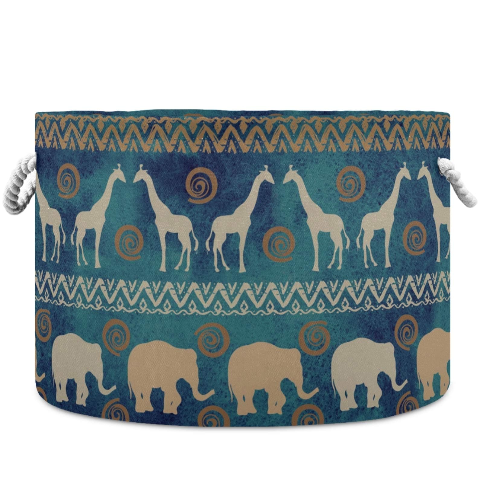 visesunny African Tribal Ethnic Elephant and Deer Collapsible Large Capacity Basket Storage Bin with Durable Cotton Handles, Home Organizer Solution for Office, Bedroom, Closet, Toys, Laundry