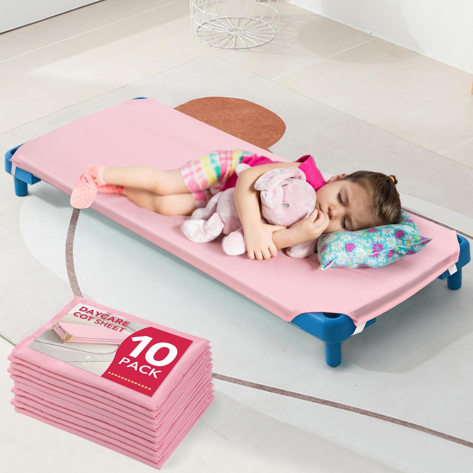 10 Pcs Cot Sheet for Daycare, 23" X 51", Pink Daycare Cot Bedding with Corner Elastic Loops for Child Boys Girls, Daycare Essentials for Toddler and Preschool, Breathable Microfiber