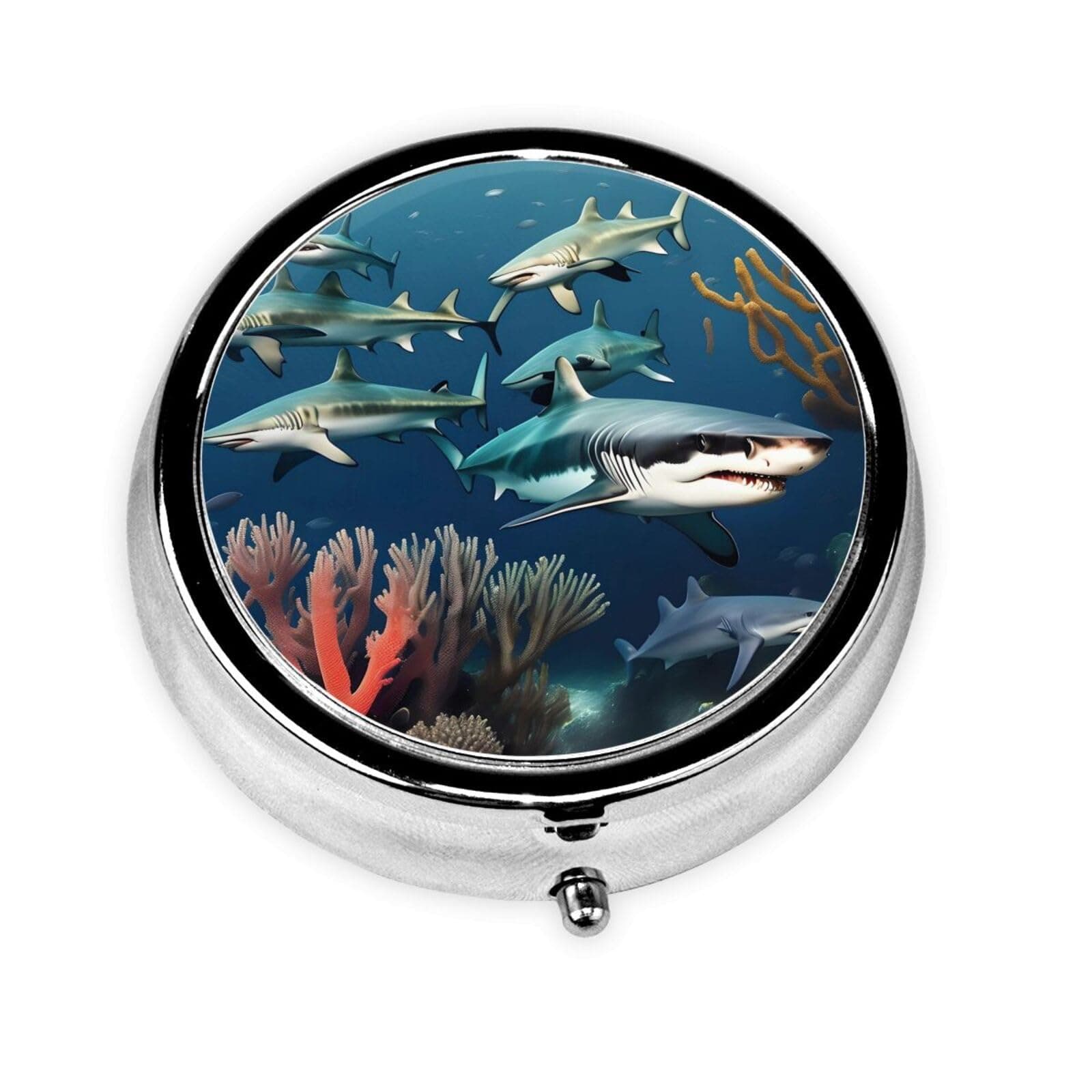 Sharks Under The sea Metal Iron Electroplating, Round Pill Box, 2.0x2.0x0.7 inches, with 3 Plastic compartments