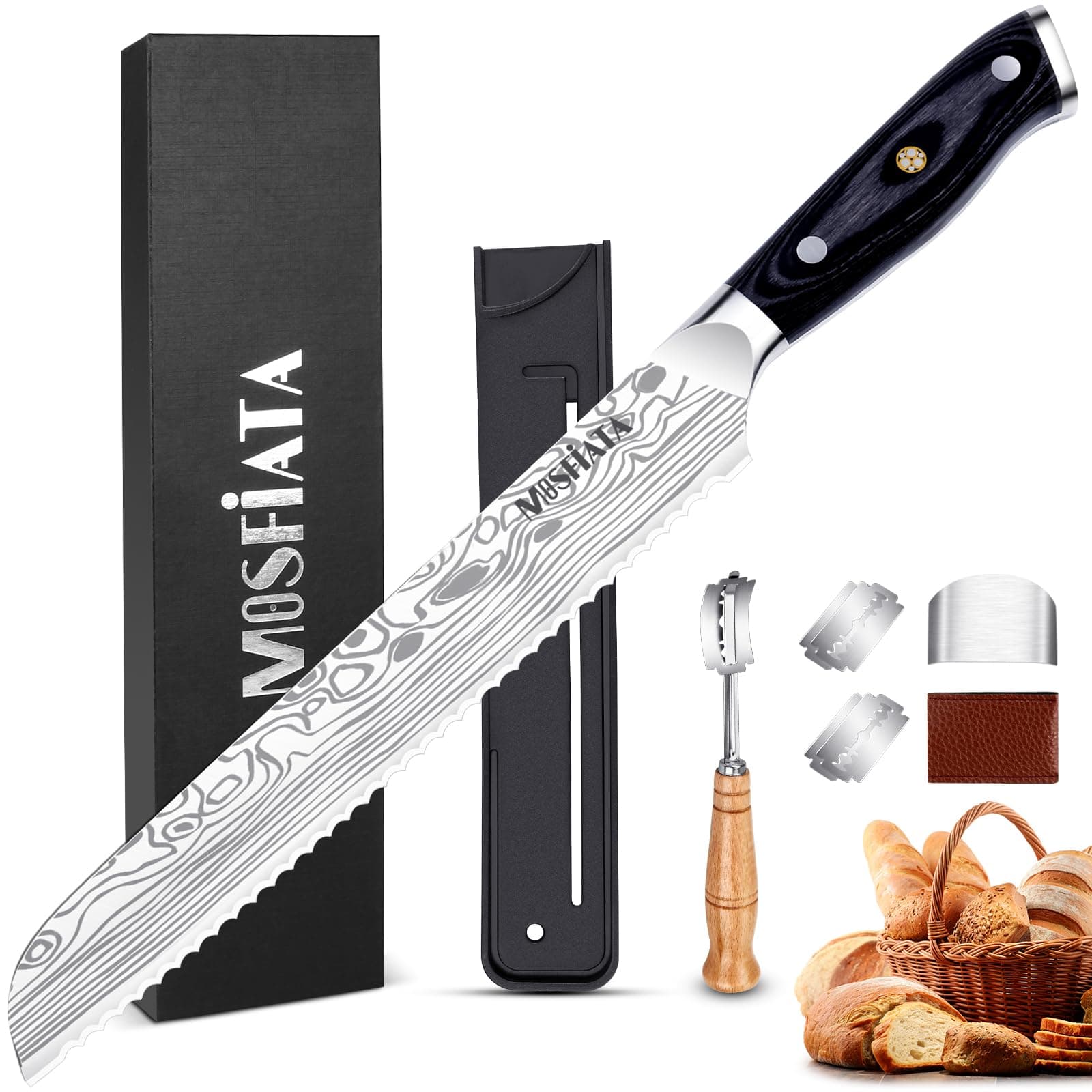MOSFiATA Bread Knife 8” Ultra Sharp Serrated Knife, German High Carbon Stainless Steel EN1.4116 Bread Slicer with Bread Lame, Micarta Handle, for Bread, Cake, Bagels