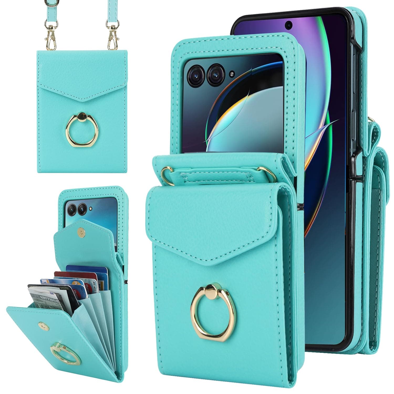 YQODSZ for Motorola Razr+ Plus 2023 Case with Crossbody Strap, [RFID Blocking] [Ring Holder] Premium PU Leather Wallet Case Card Holder Strap Protective Cover for Motorola Razr+ Plus 2023 Green