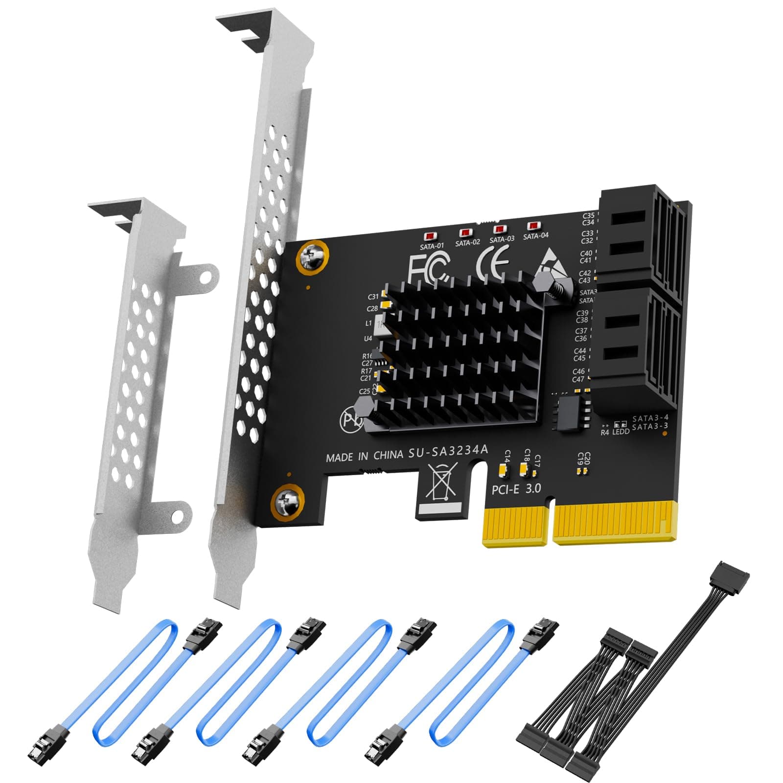 GLOTRENDS SA3234A 4-Ports PCIe X2 SATA 3.0 Expansion Card, Support OS Booting, Including SATA Cables and 1:5 SATA Splitter Power Cable, Compatible with Windows, Linux, Mac OS, NAS