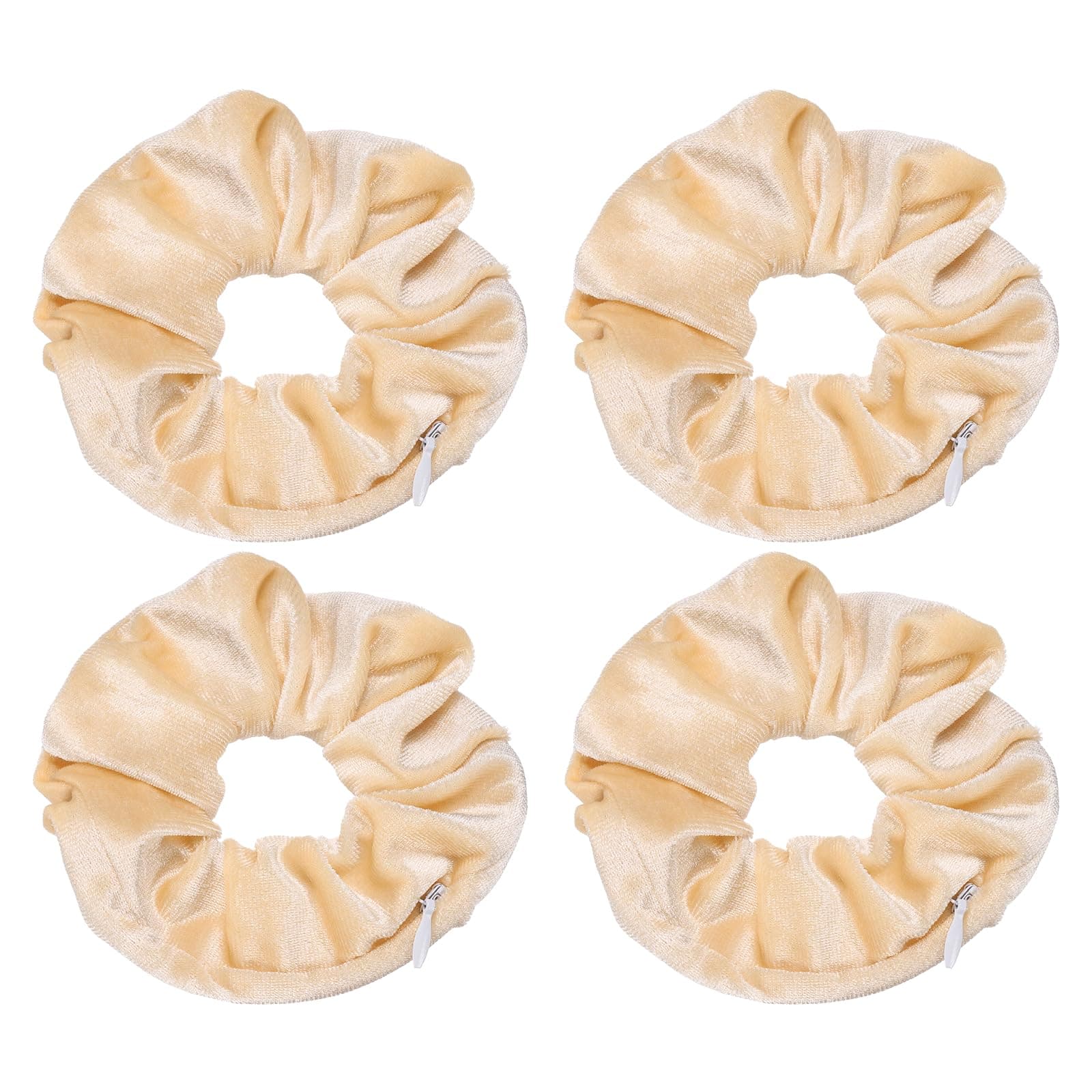 DEFANEX 4pcs Velvet Scrunchie with Pocket Zipper (2 Inch) - Elastic Bands Hair Ties Girls Women Hidden Compartment Pockets, for Ponytail Holder Travel Coins Keys, Beige