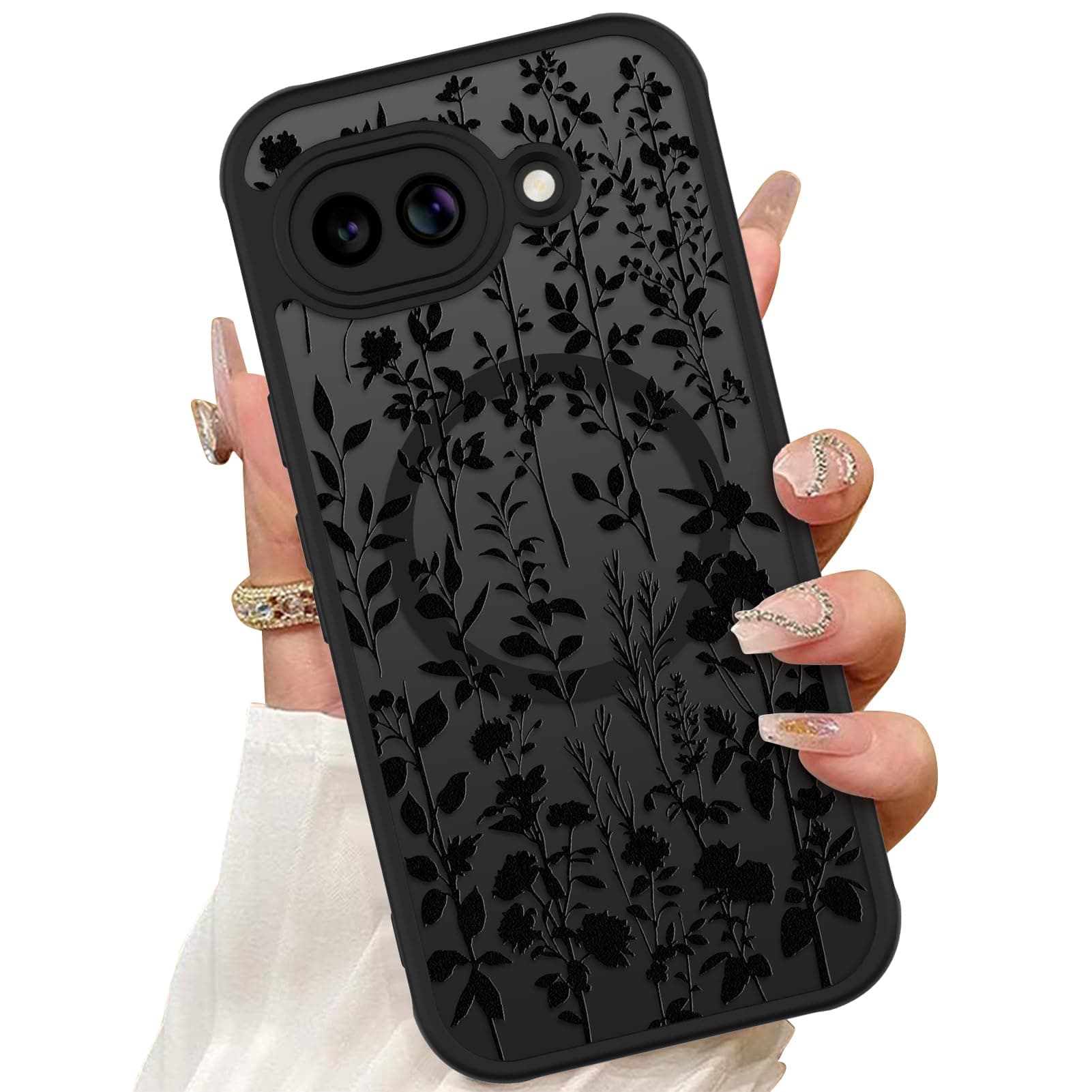 ZIYE Magnetic Case for Google Pixel 10A 6.3 Inch [Compatible with MagSafe] Hard PC and Soft TPU Case with Black Floral Flowers Anti-Scratch Shockproof Protection Phone Cover for Women