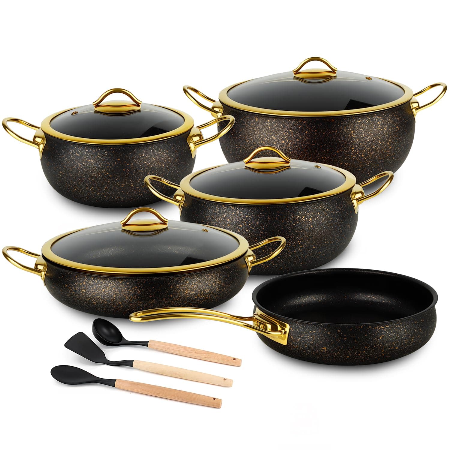 5-Ply Stainless Steel Cookware Set, 12Pcs Pots and Pans Set Non Stick with Stay-Cool Handles, Induction Compatible, Stackble Design, Includes with Frying Pan, Saucepans and Saute Pan (Black)