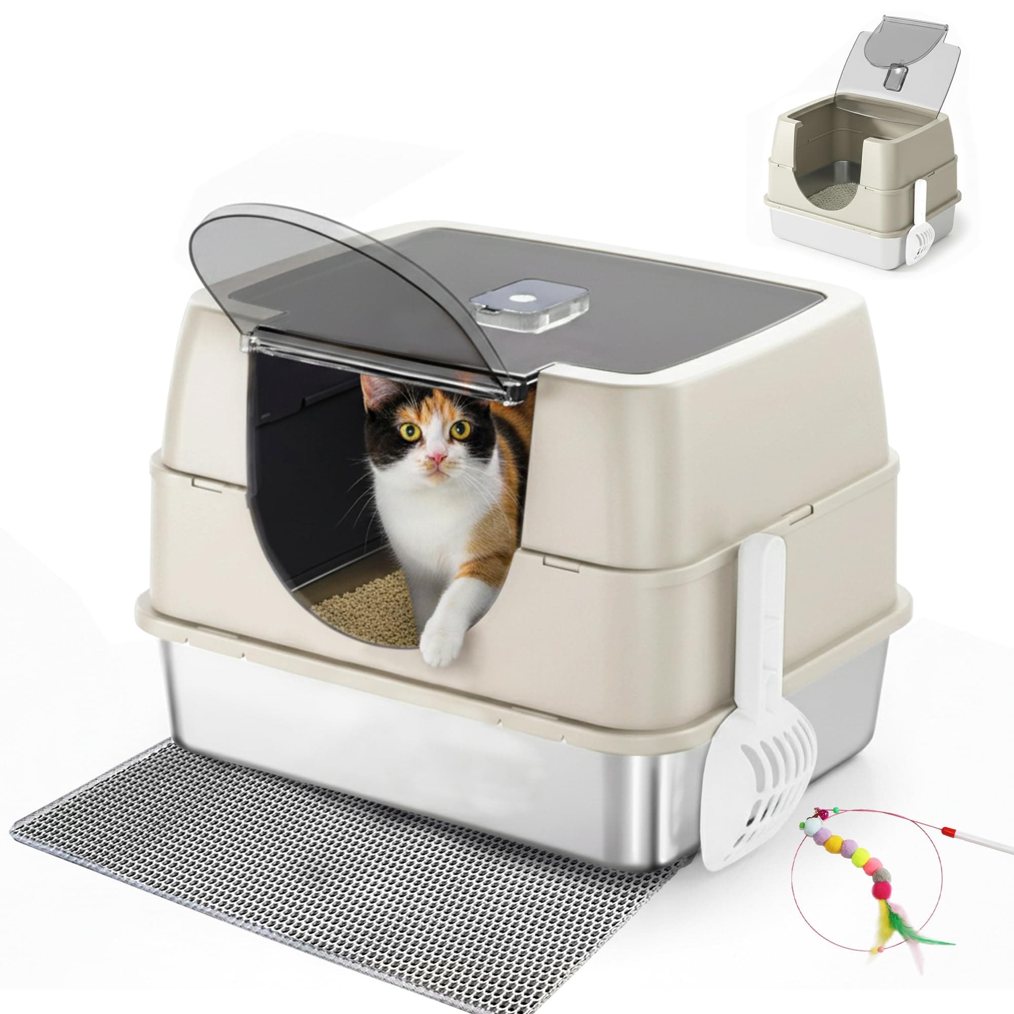 Tehoao Enclosed Cat Litter Box with Flip-Top Lid, Stainless Steel Large Covered Litter Box, High Sided Metal Litter Pan with Litter Scoop & Mat, Odor Control, Leak Proof, Easy Cleaning, White