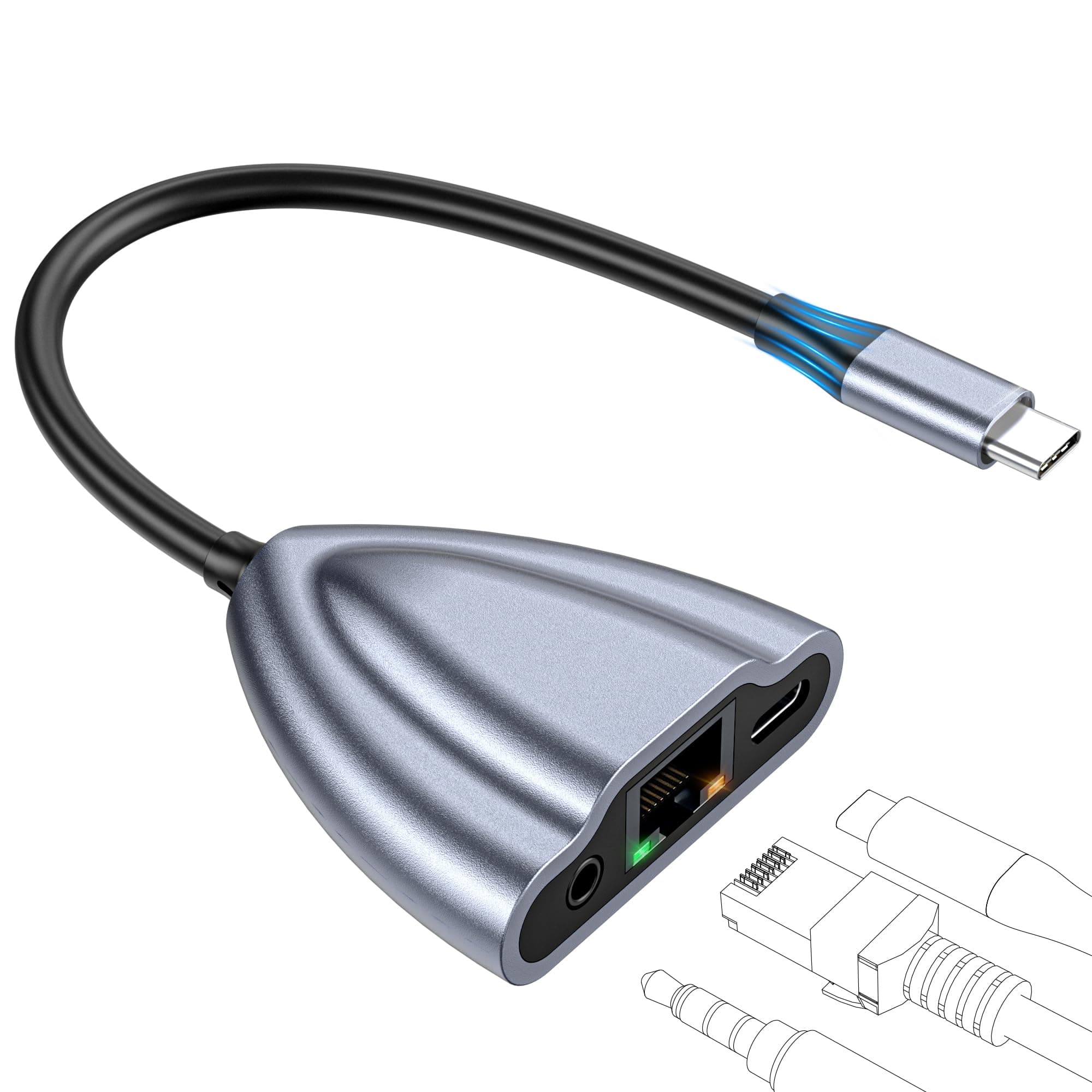 CIXUN USB C Hub Multiport Adapter, 4 in 1 USB C Spliter to 3.5mm Audio, 1Gbps RJ45 Ethernet and Type C Adapter Supporting 60W PD Charging & 480Mbps Transfer, Dongle for Laptop/Mac/Phone/Switch(Gray)