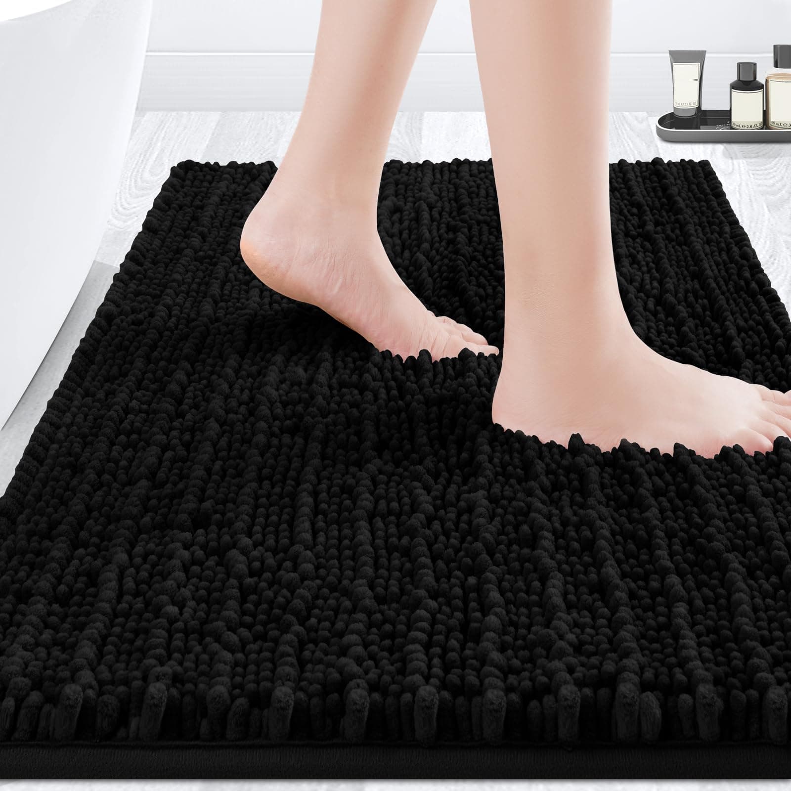 Upgrade Luxury Black Bathroom Rug Mat 36"x24", Ultra Soft Thick Absorbent Bath Mats, Non Slip Chenille Toilet Mat for Bathroom, Bedroom, Kitchen, Shower, Tub