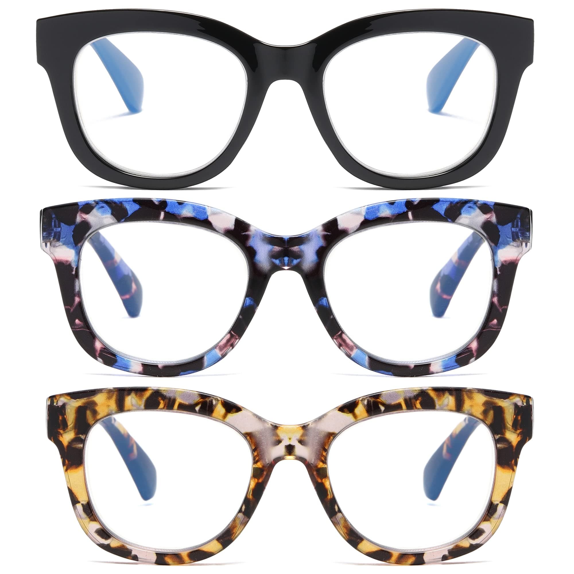 ZXYOO Oversized Reading Glasses for Women,3 Pack Blue Light Blocking Computer Spring hinge Readers, Black&violet Leopard&y Leopard, 3.5 X