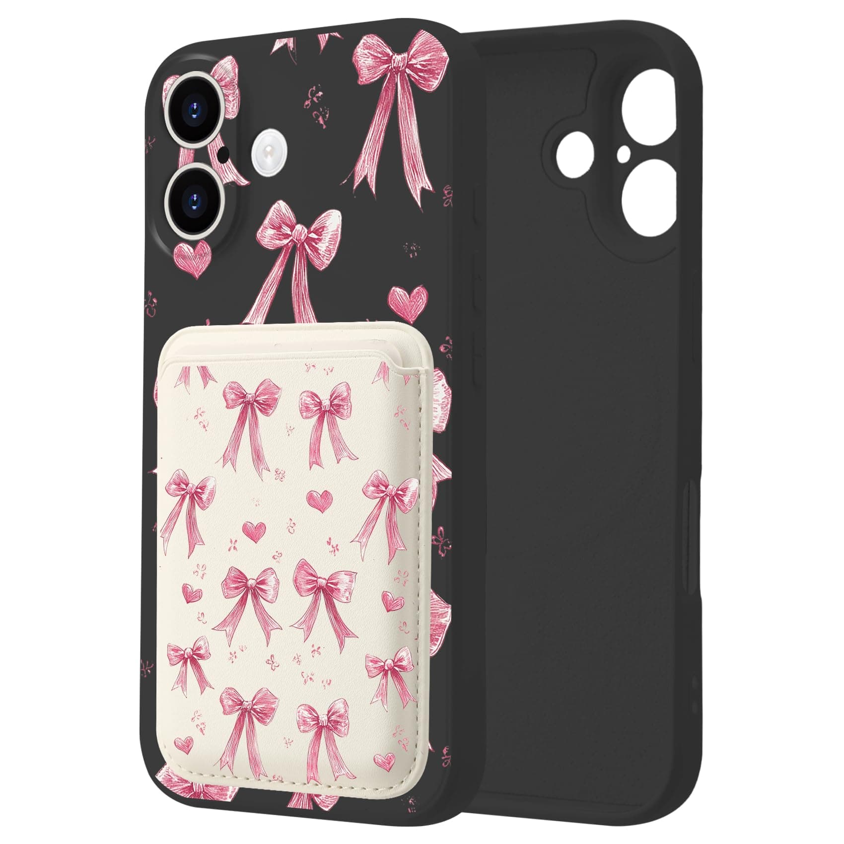 Velvet Ribbon Bow Magnetic Phone Case for iPhone 15 Pro 6.1 Inch,Compatible with Magsafe,with Leather Magnetic Wallet Card Holder,Full Camera Protection Soft Liquid Silicone Protective Shell