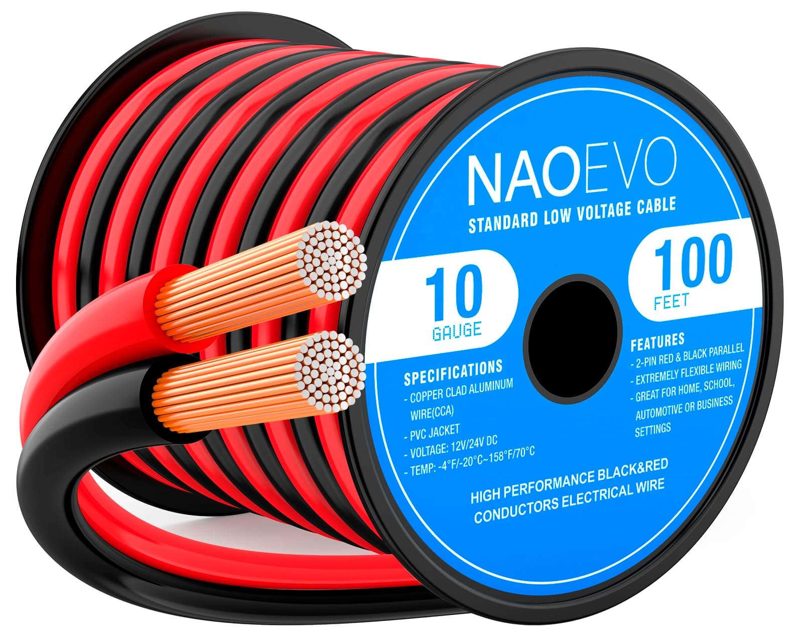 NAOEVO 10 Gauge Wire 2 Conductors, CCA Red Black Electrical Wire, 100FT