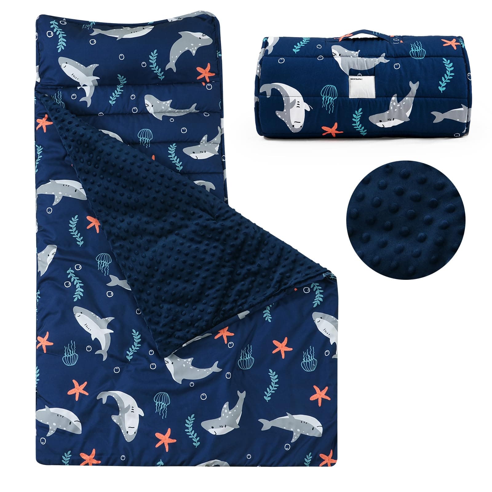 PHF Toddler Nap Mat with Removable Pillow and Minky Blanket, Rollup Design Kids Sleeping Mat, Slumber Bags for Boys, 55"x23" Toddler Sleeping Bag for Daycare Preschool Travel Camping, Shark