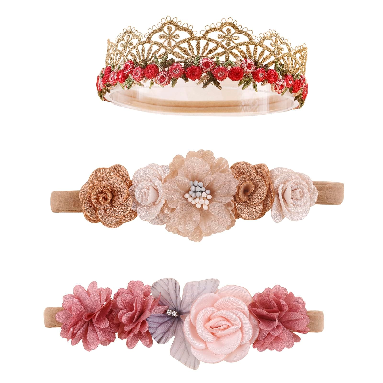 cherrboll 3pcs Baby Girl Headbands Flowers, Super Soft & Stretchy Nylon Floral Hairbands for Newborn Toddler