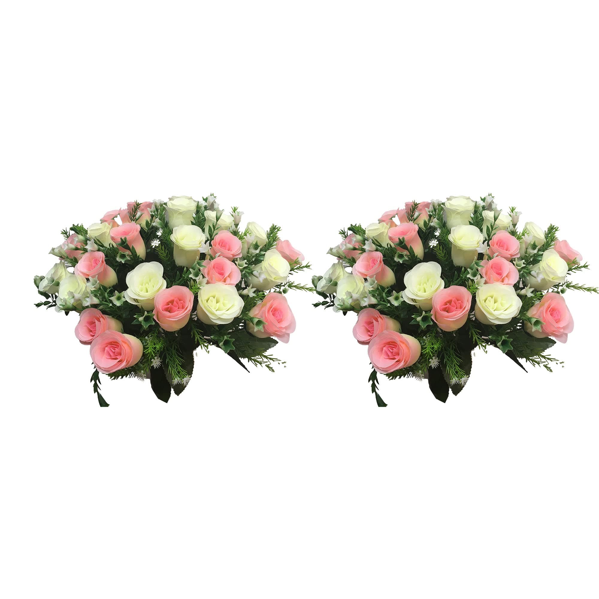 Gritech Artificial Cemetery Rose Flowers for Outdoor Grave Decorations & Memorials- Beautiful Arrangements for Headstones (2, Pink/White)