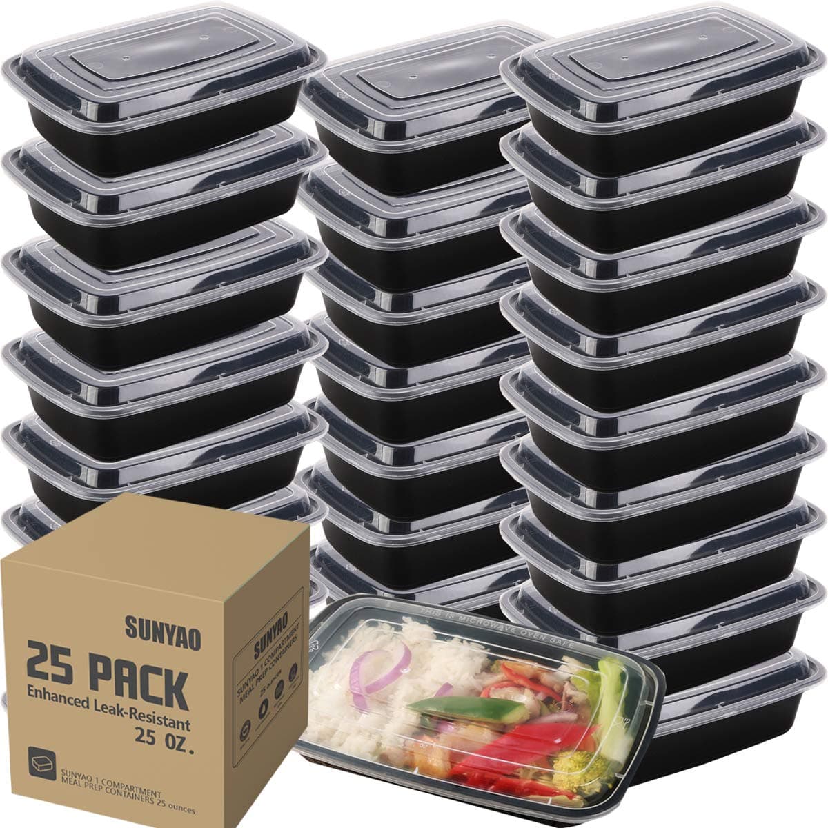 25 Pack SUNYAO Meal Prep Containers - Single 1 Compartment Food Containers - Bento Lunch Boxes with Lids, FDA Approved & BPA Free, Stackable & Reusable, Dishwasher/Microwave/Freezer Safe, 34 oz