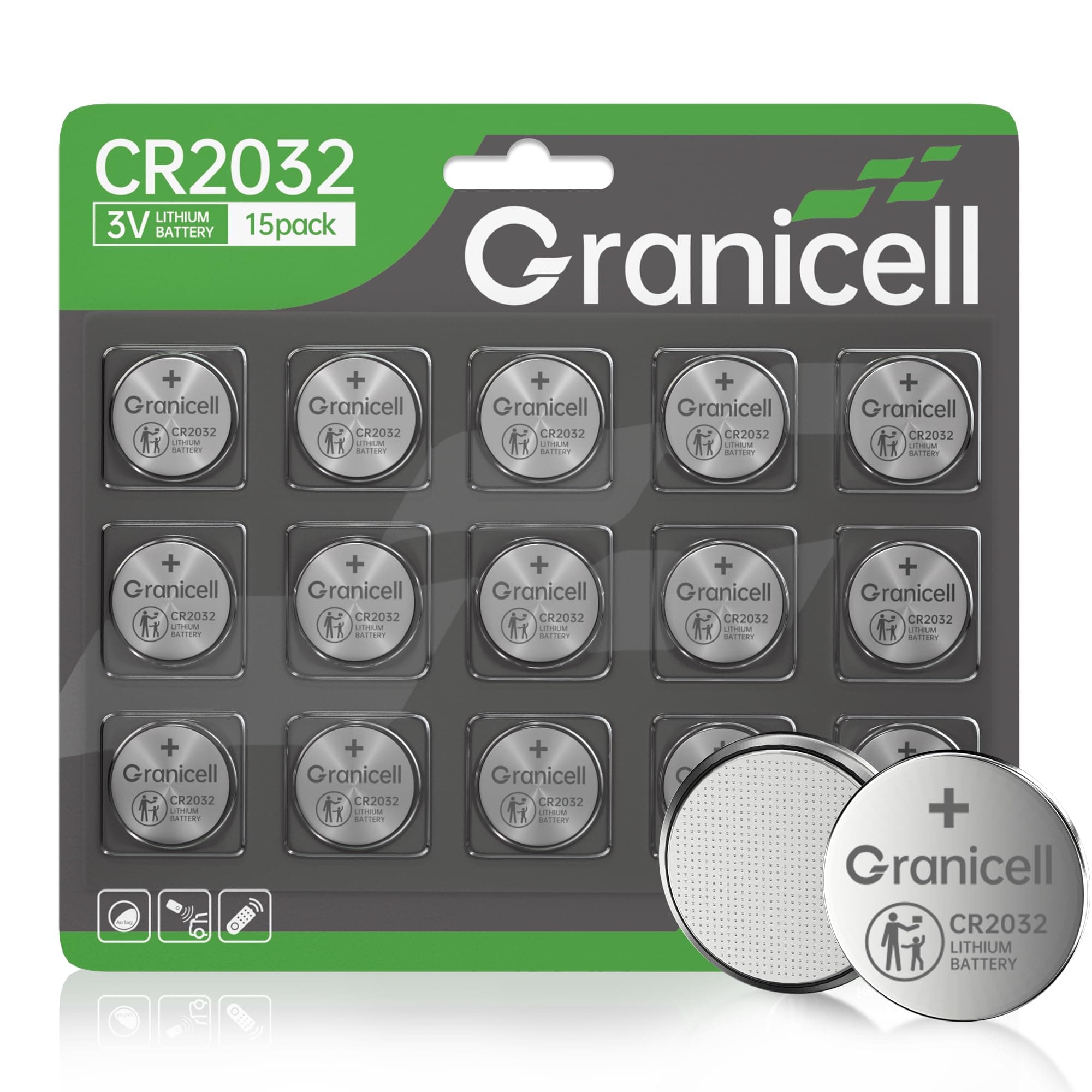 Granicell 2032 Battery Compatible with AirTag CR2032 Lithium 3V Coin Battery for Child Safety, Suitable for Key Fobs, Smart Sensors, Scales, Candles and More (CR2032-15)