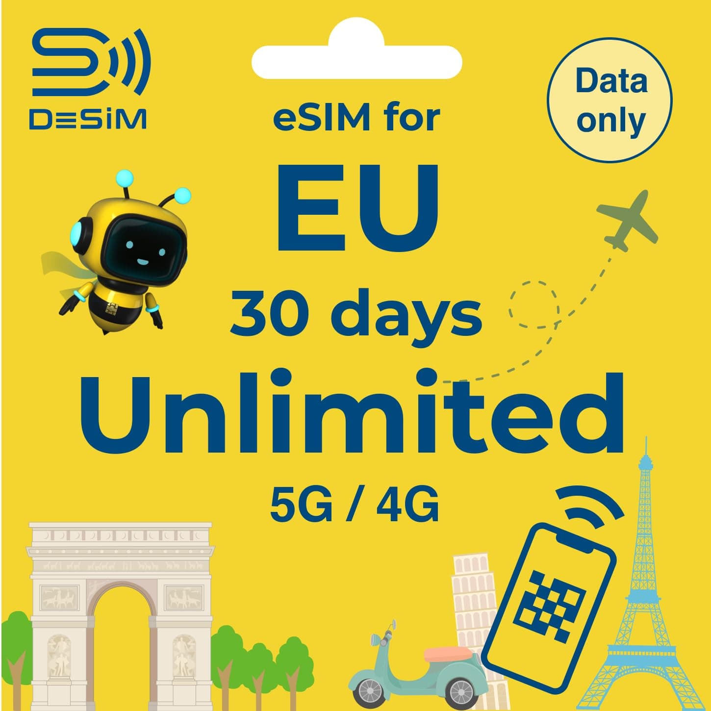 DeSiM Europe eSIM 30 Days Unlimited | Data ONLY | High-Speed Unlimited Data（30Days） Use in France, UK, Italy &37Countries, QR Cord Easy Activation, Tethering, No Voice/SMS,for Europe Travel