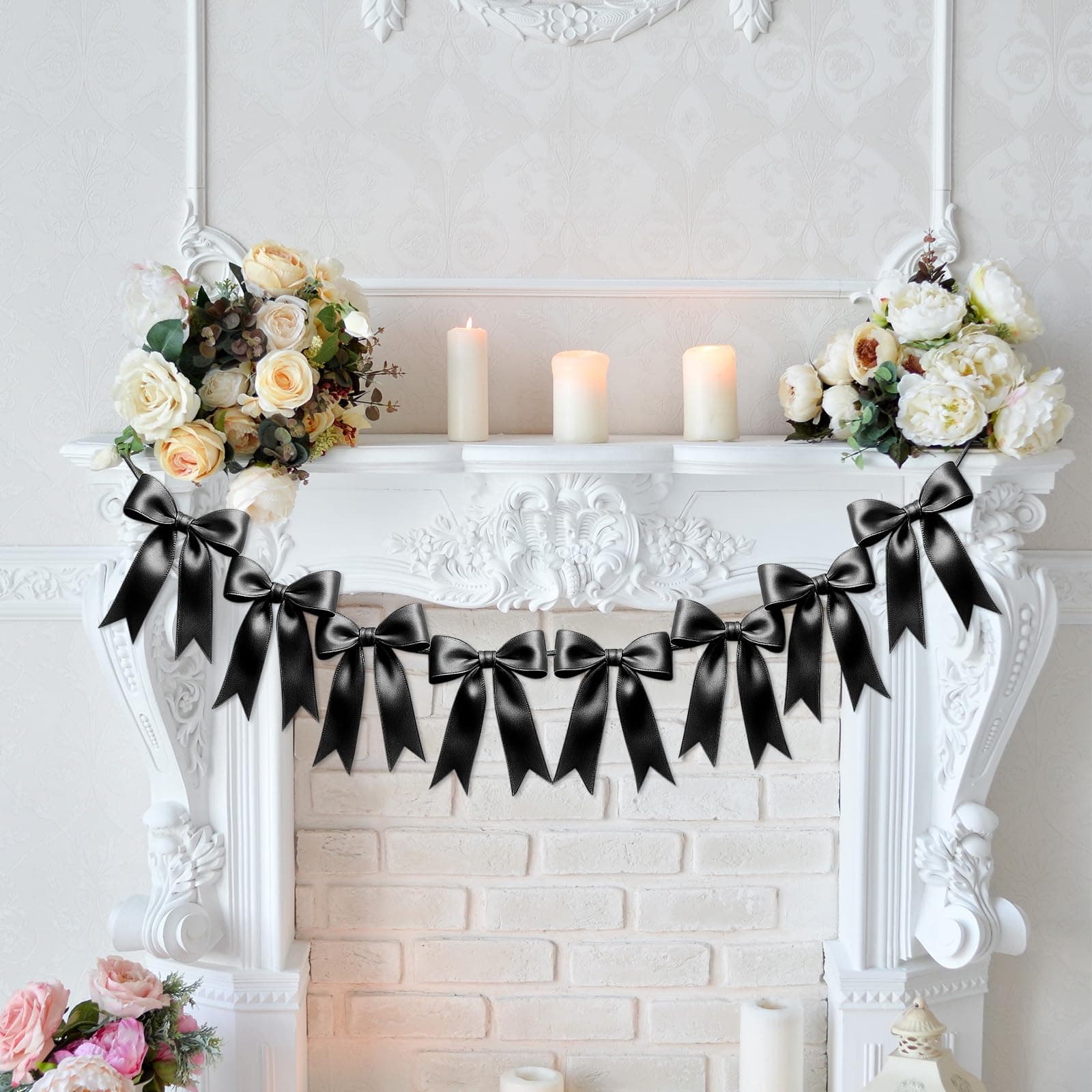 1 String of 8PCS Black Bow Garland Banner Decoration,Pre-Strung Satin Ribbon Ornaments for Birthday,Bachelorette Party,Bridal Shower,Wedding,Engagement,Baby Shower,Graduation Decor,Anniversary