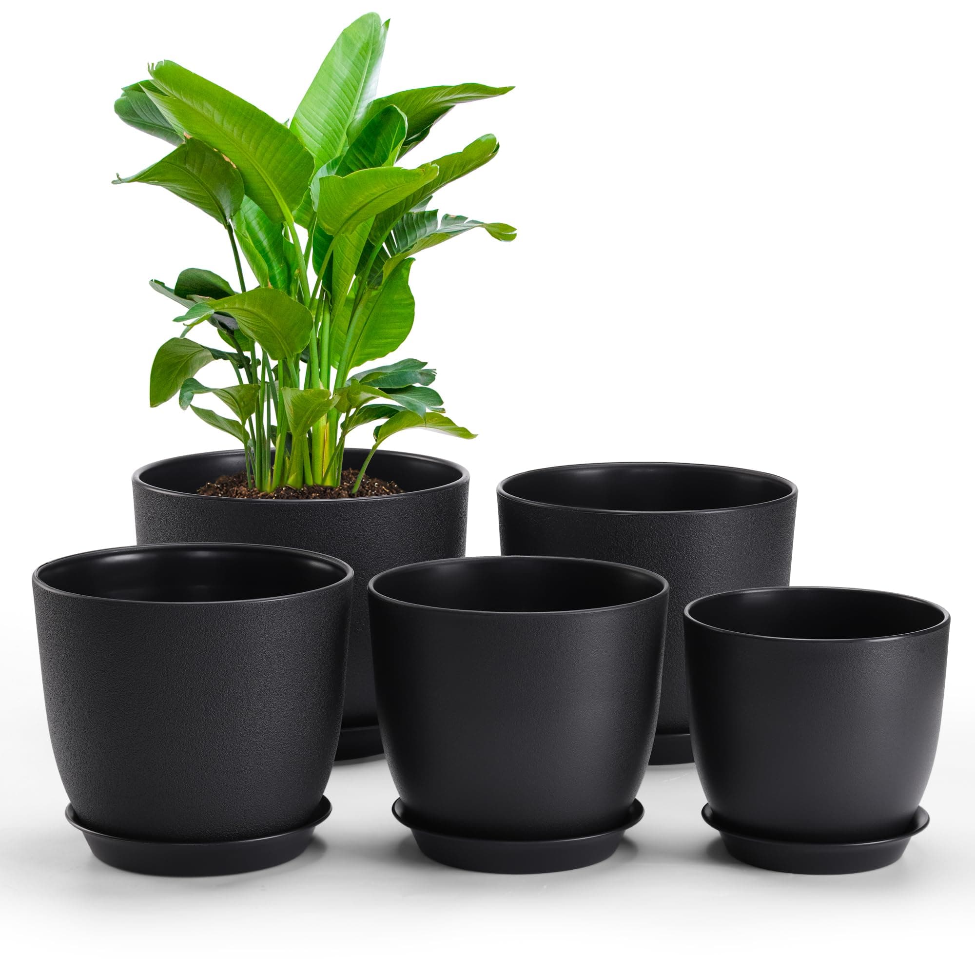 5Pack Plastic Plant Pots Mix Size Indoor Decor Flower Pots with Tray, Black