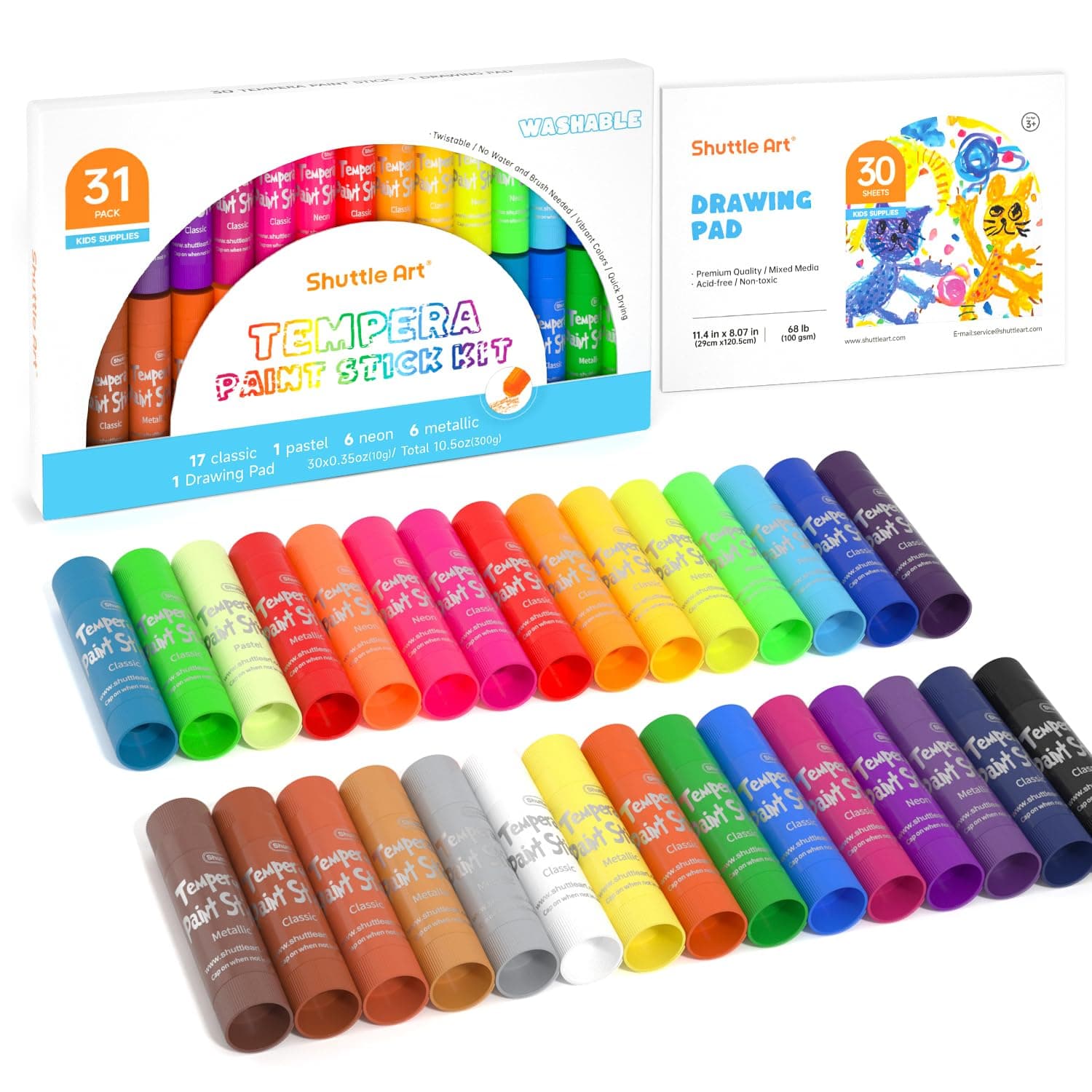 Shuttle Art Tempera Paint Sticks, 31 Pack Solid Tempera Paint Set, 30 Colors with 1 Drawing Pad for Kids, Washable, Super Quick Drying, Works Great on Paper, Wood, Glass, Ceramic, Canvas