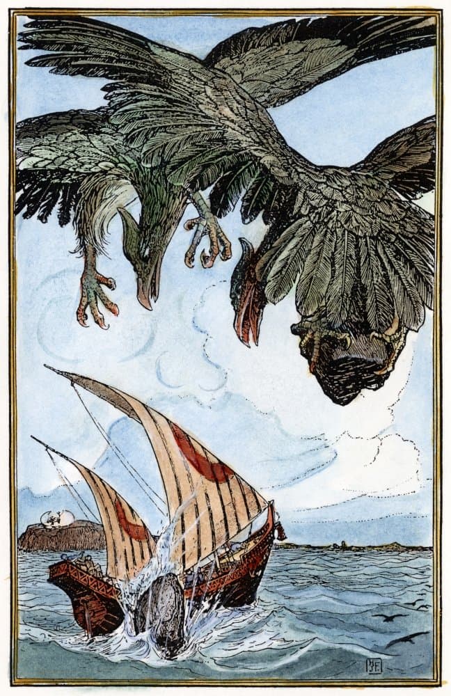 Sinbad The Sailor 1898 Ntwo Rocs The Legendary Birds Of Arabian Literature Destory The Ship Of Sinbad The Sailor On His Fifth Voyage Drawing 1898 By HJ Ford Poster Print by (24 x 36)