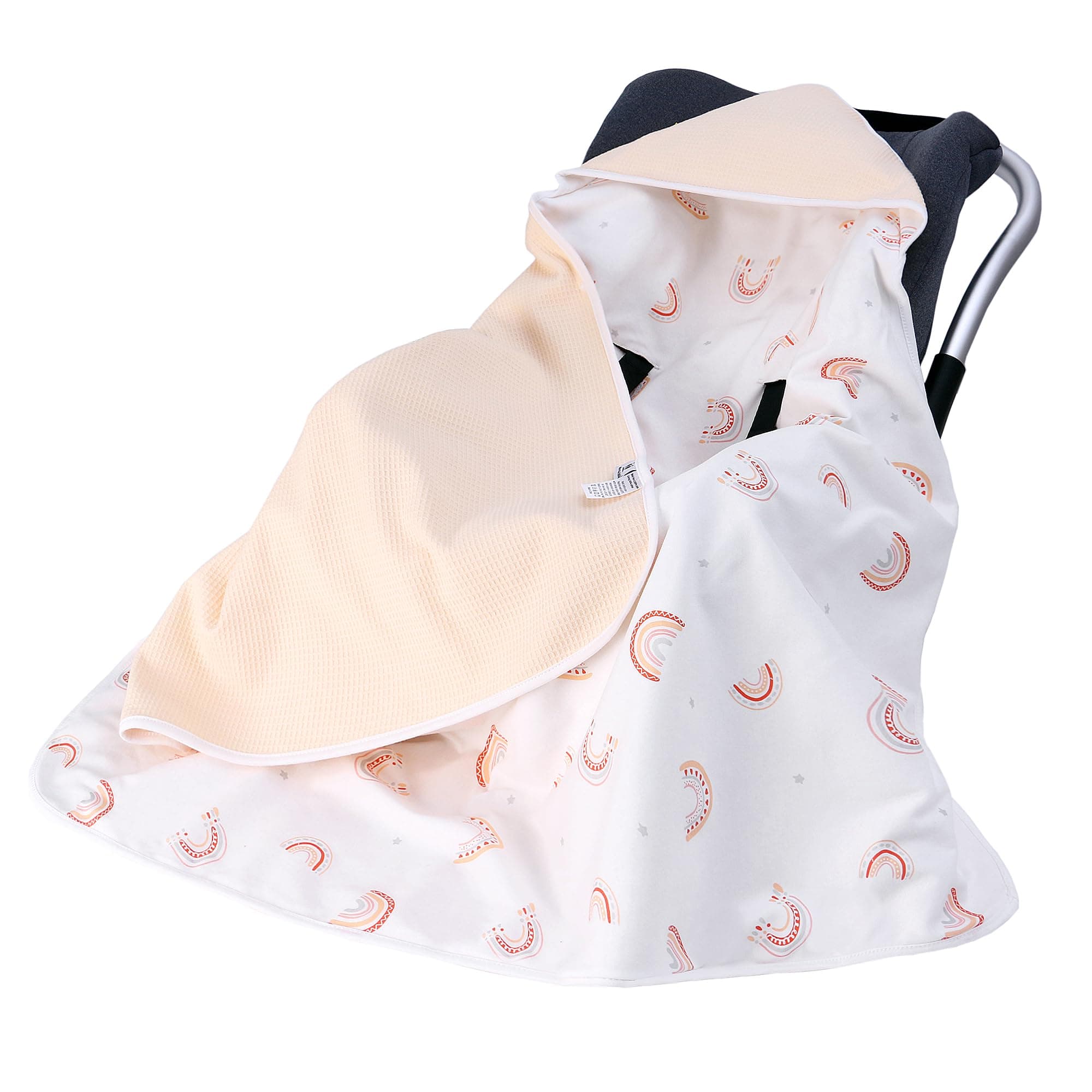 Miracle Baby Car Seat Blanket, Double-Layered Waffle Swaddle, 90 x 90 cm, All Seasons (Apricot + Rainbow, Four Seasons)