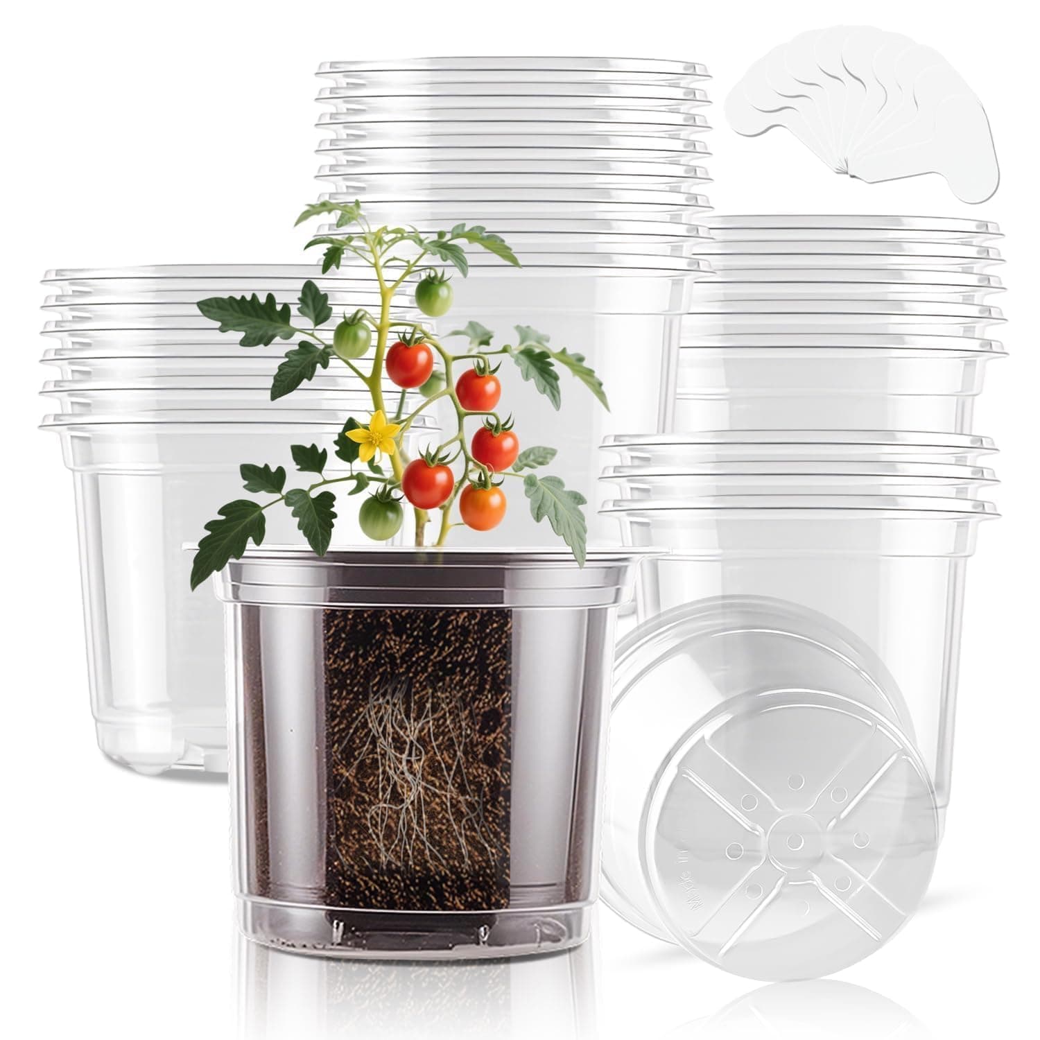 SupKing 5 Inch Clear Nursery Pots 20 Packs Durable Plastic Seed Starters Large Orchid Flower Pots with Drainage Holes for Transplanting Succulents Cuttings Seedlings Bonus 15 Plant Labels
