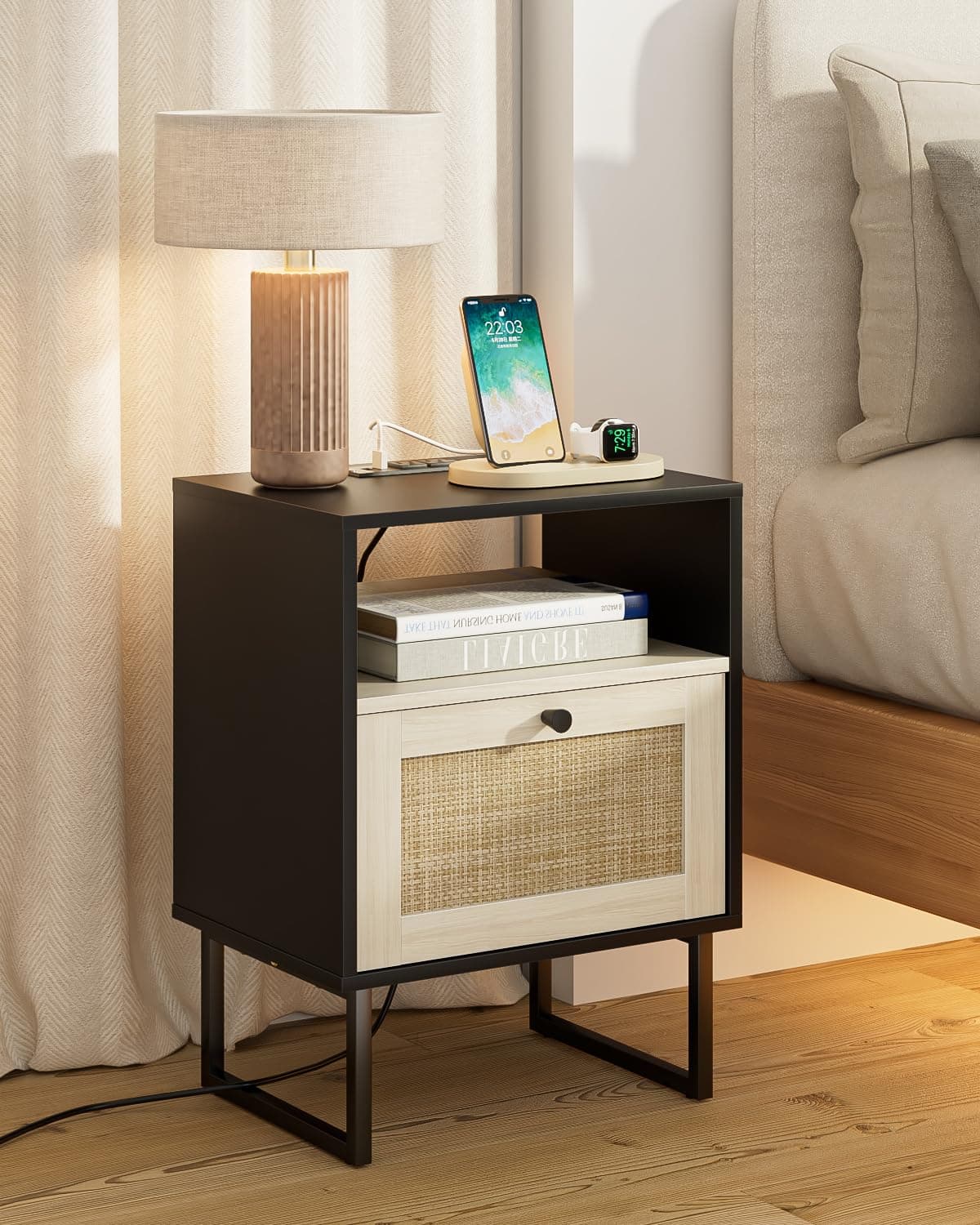 Apetaccat Rattan Nightstand with Charging Station, Boho Night Stand Farmhouse Wood Bedside Table with Storage and Open Shelf, End Side Accent Table for Bedroom,Living Room,Black and Oak