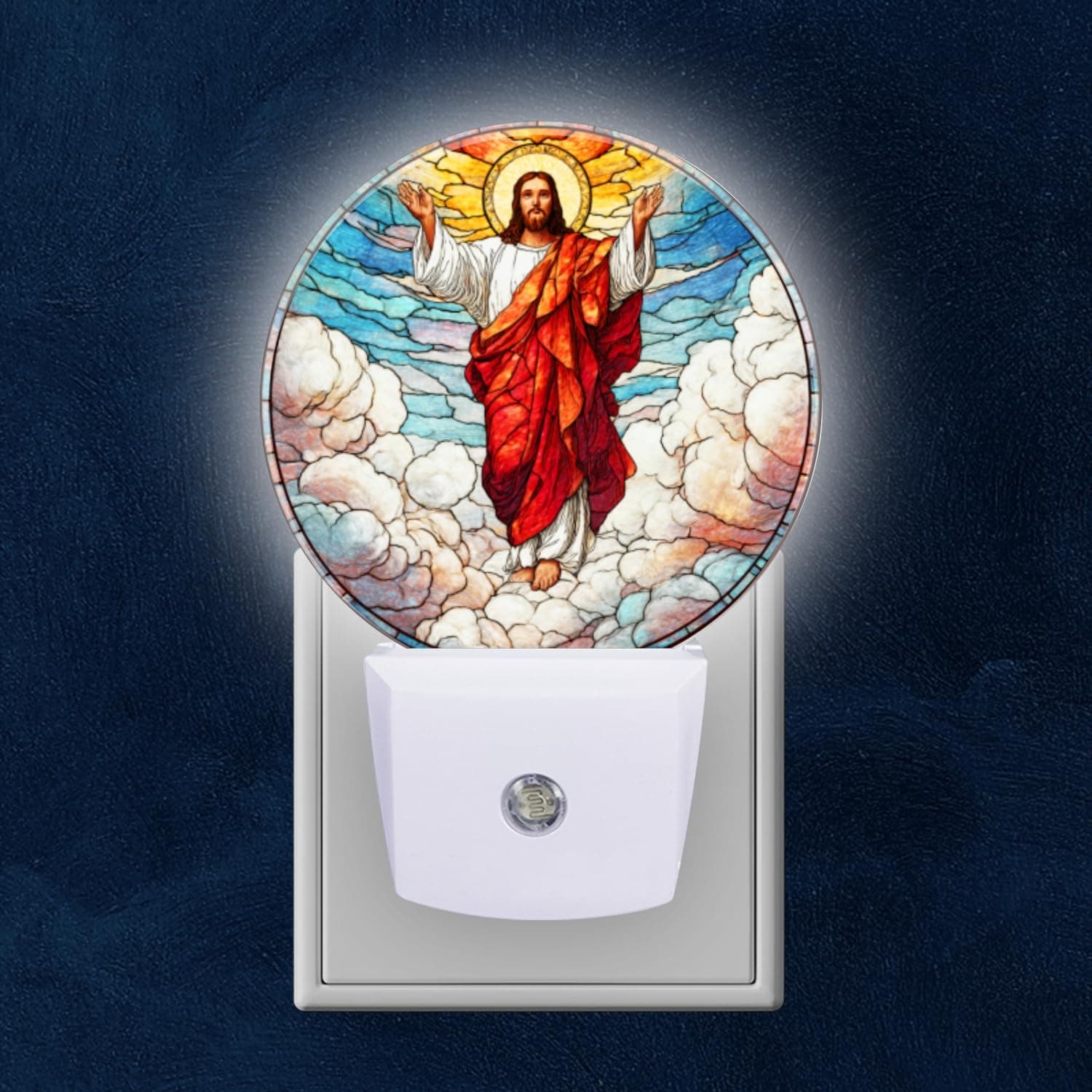 Mearafois Round LED Night Lights Lamp with Dusk to Dawn Sensor, Haloed Jesus on Clouds with Open Arms Stained Glass Night Light, Night Light Plug Into Wall for Kids Room, Bedroom, Bathroom, Kitchen