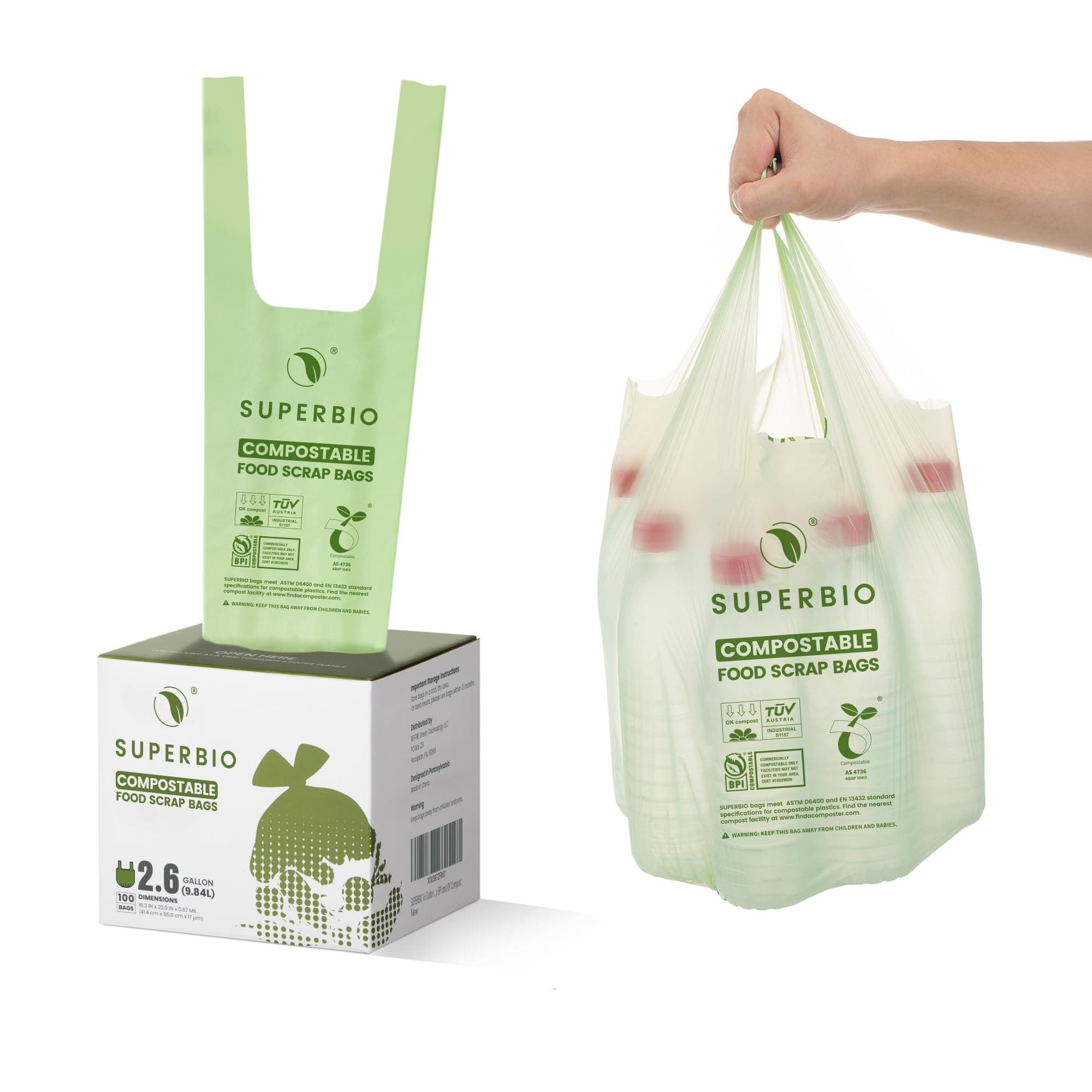 SUPERBIO Compostable Bags with Handles, 9.8L, 100 Count, 1 Pack