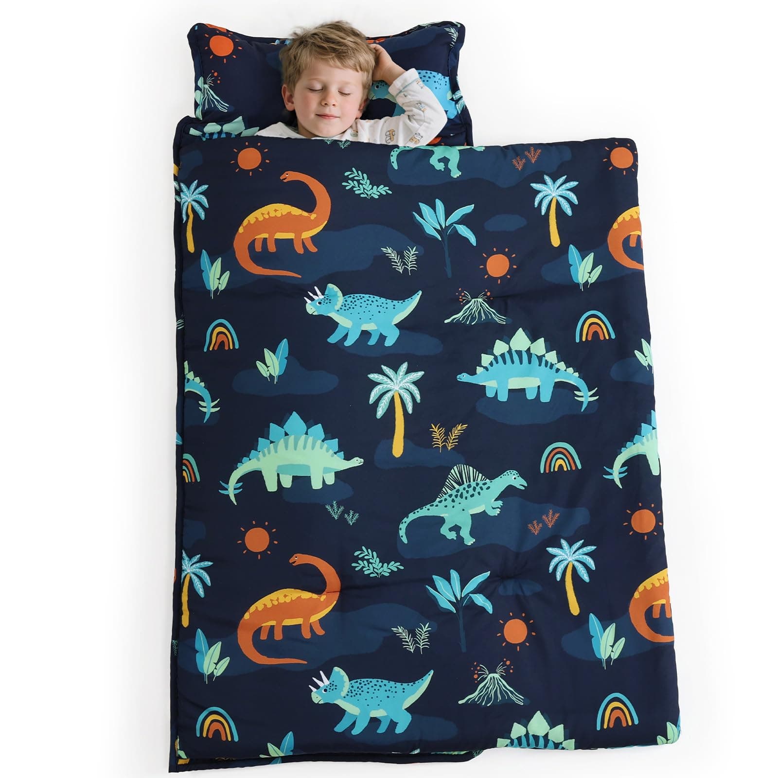 PHF Navy Dinosaur Toddler Nap Mat Set, with Removable Pillow for Toddler Boys, Soft and Lightweight for Daycare, Preschool, Travel, Kindergarten Sleeping Bag, Fits Ages 3-6 Years, Large Navy Dinosaur