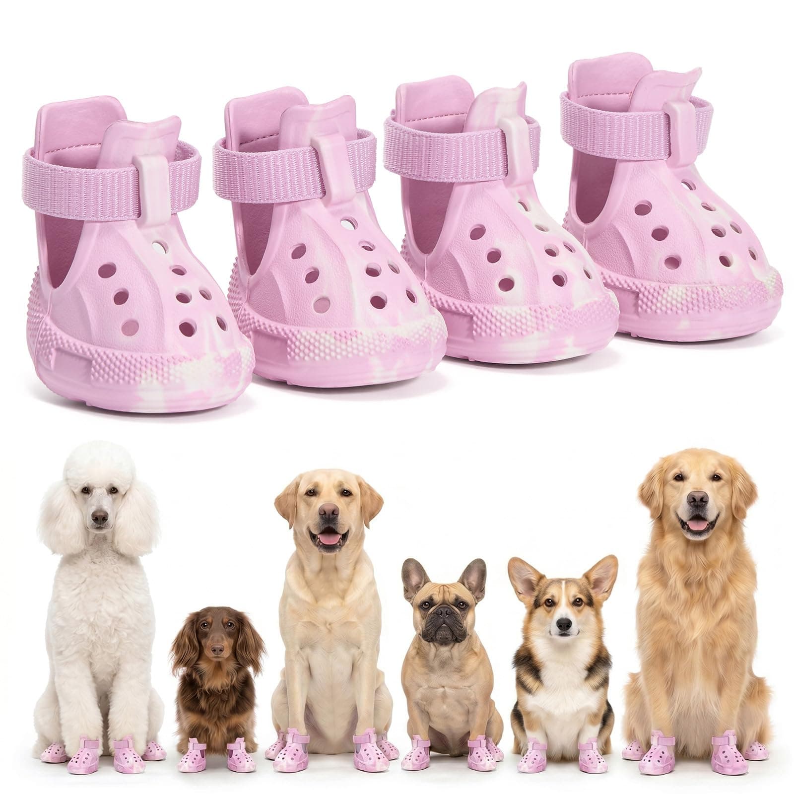 Glow in the Dark Dog Shoes, 4 Pack EVA Dog Boots for Medium Large Dogs, Non-Slip Breathable Dog Booties for Hot Pavement, Lightweight Dog Rain Shoes for Walking Night Outdoor Beach (Pink,Size 6)