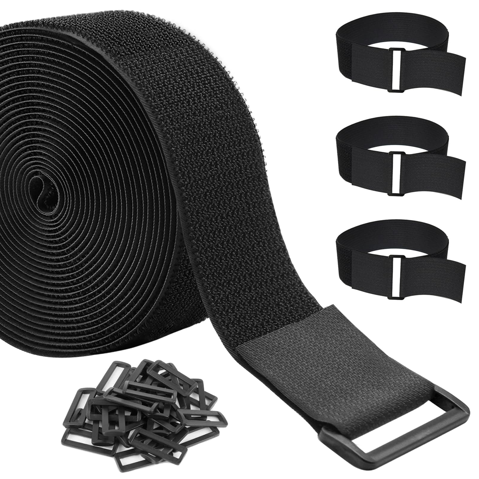 ZSURLUX 5cm x 5m (1.9in x 16ft) Heavy Duty Cinch Straps with 30 Buckles, Cut-to-Length Hook and Loop Strips, Adjustable Long Cable Ties for Home and Office Storage, Black