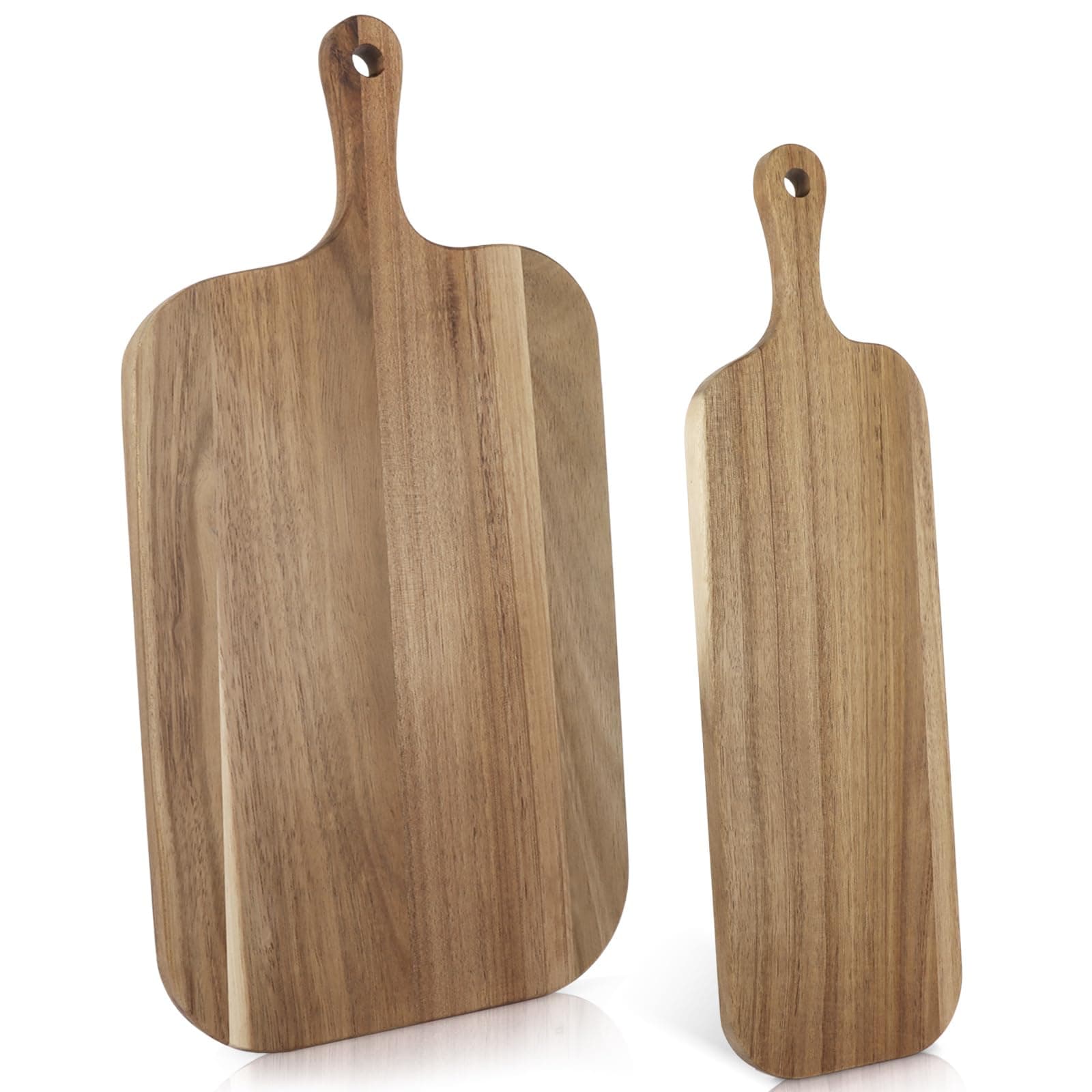 MUXHEL 2PCS Wood Cutting Board Set with Handle, Large and Small Long Wooden Cheese Board Charcuterie Boards Wood Paddle Serving Board for Kitchen Meat, Pizza,Cheese, Bread, Vegetables &Fruits