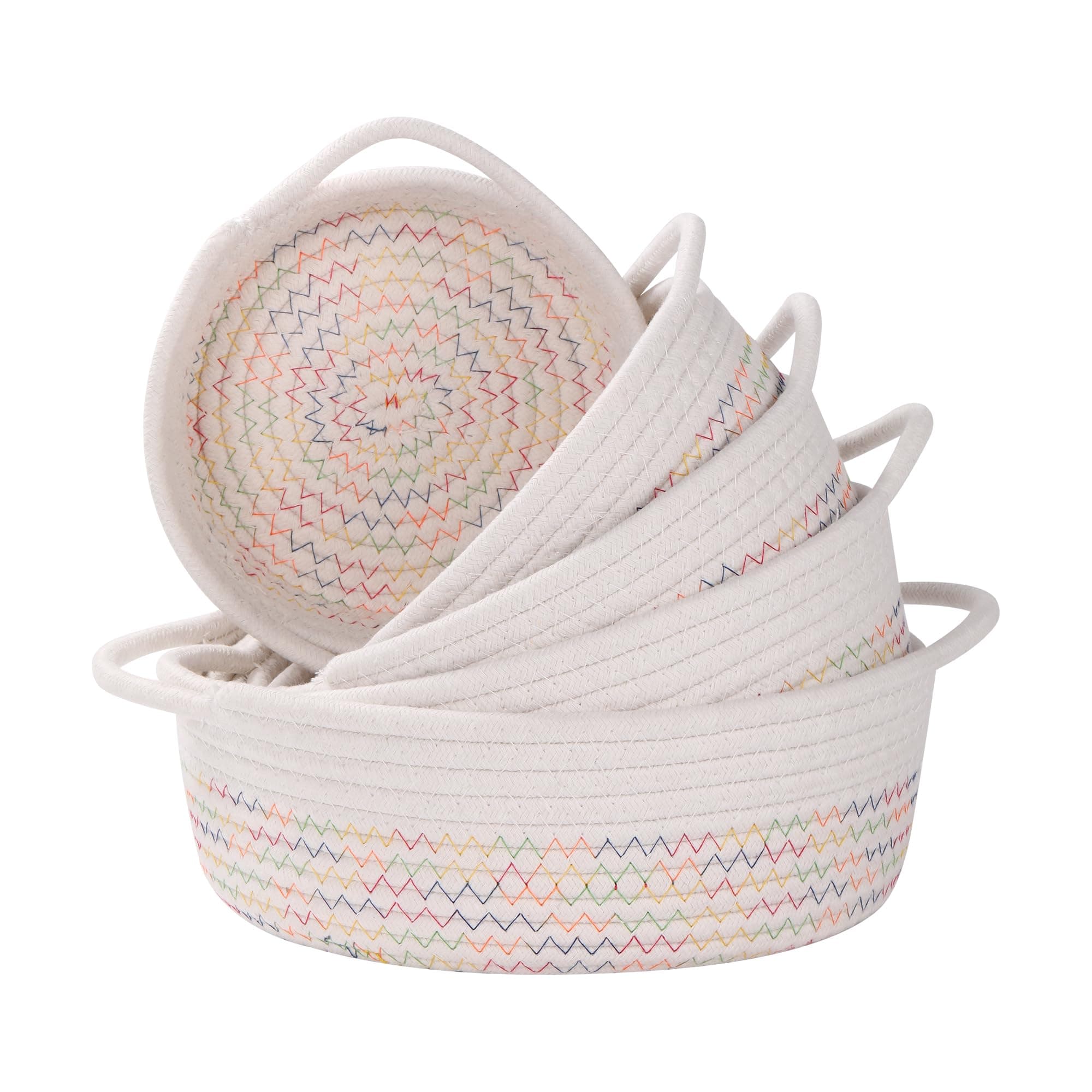 5 Set Small Storage Woven Baskets Shelves Natural Cotton Rope Bins with Handle Toilet Tank Paper for Countertop Cute Gifts Organizing Mini Nursery box (White&colored lines)