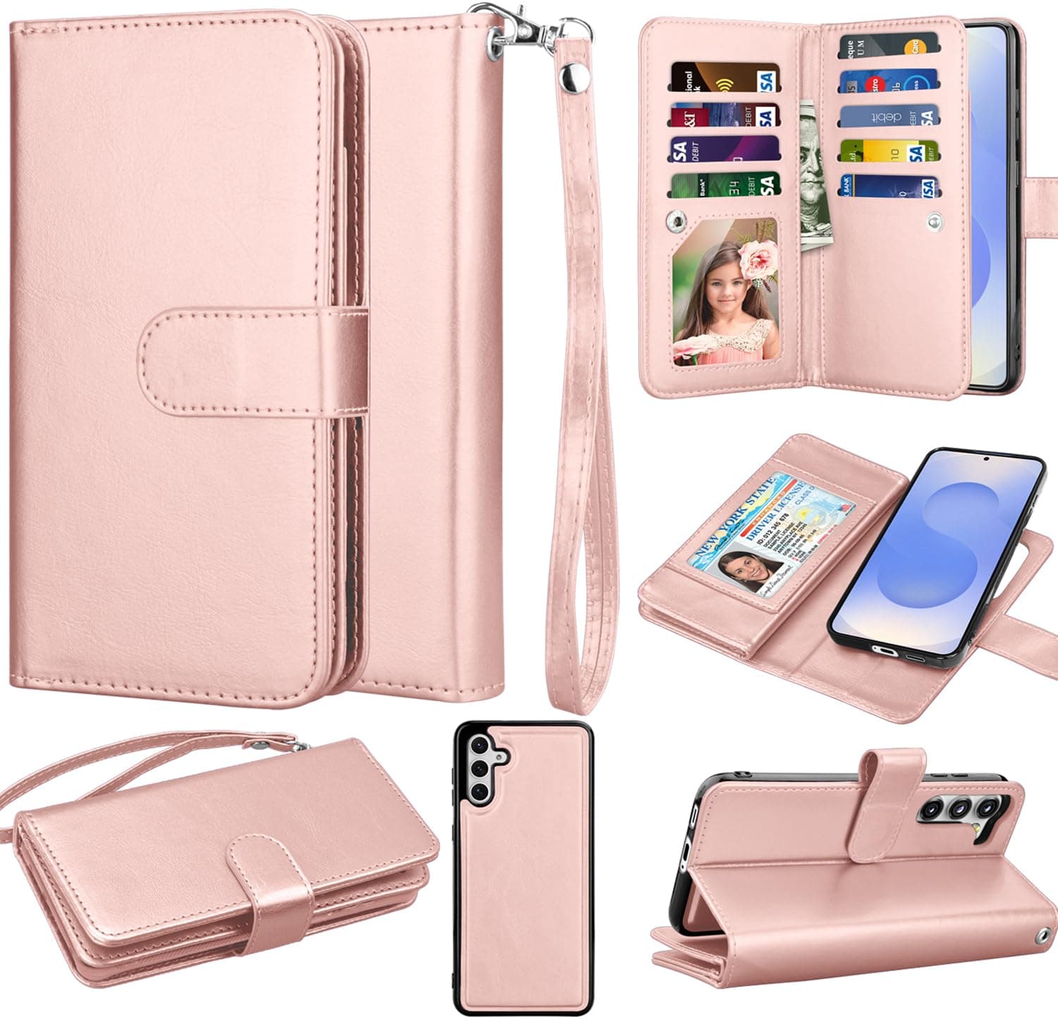 Takfox Wallet Case for Samsung Galaxy S25 Plus, Galaxy S25 Plus Case, PU Leather Credit Card Holder Phone Case [9 Card Slots] Folio Flip Detachable Magnetic Cover Kickstand & Lanyard-Rose Gold