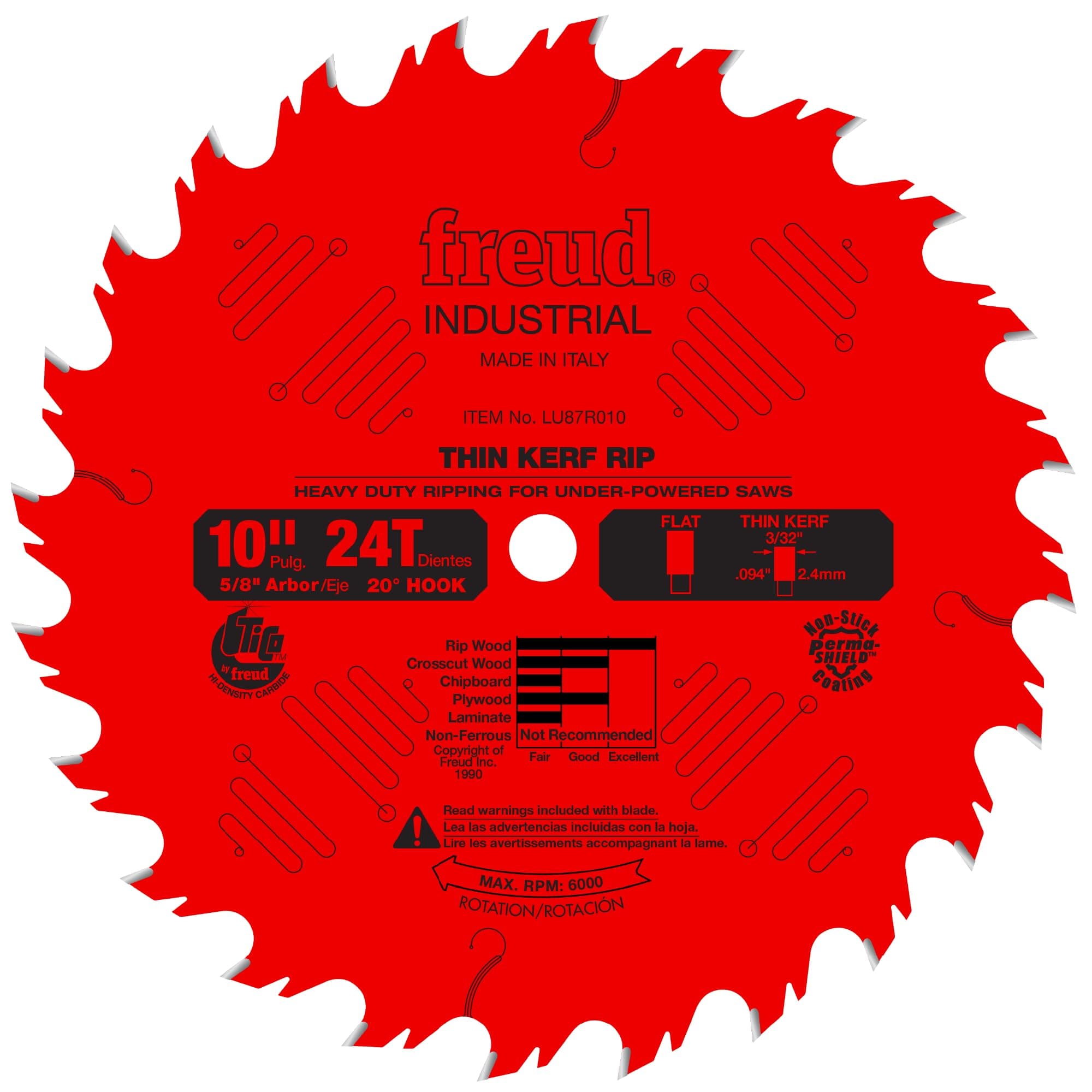 Freud LU87R010 10-Inch 24 Teeth Thin Kerf Ripping Saw Blade with 5/8-Inch Arbor and Perma-Shield Coating