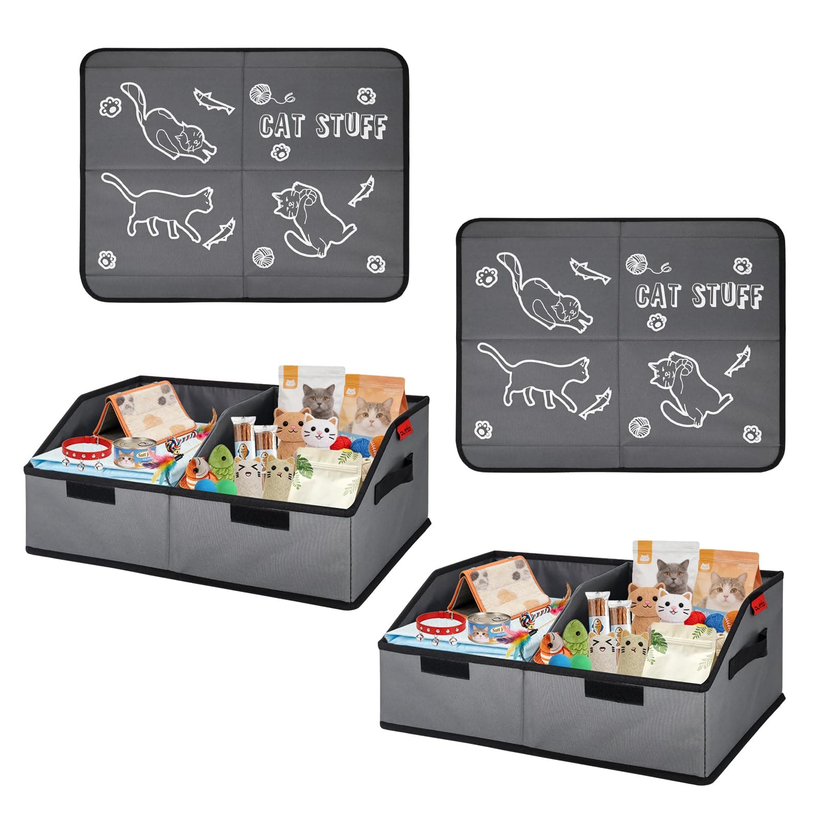 outtip 19" 600D Removable Divider Cat Toy Basket, Collapsible Pet Storage with Lid and Handle, Cute Large Living Room Kitten Box Organizer for Pet Toys, Blankets and Accessories - Grey (2 Pack)