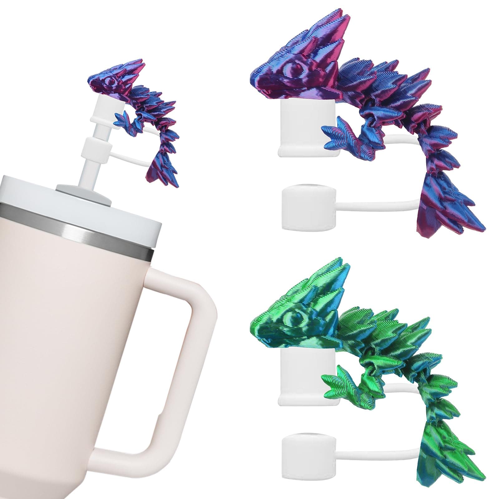ALIBBON 2 Pcs Silicone Straw Cover for Stanley Cup 3D Printed Green Purple Dragon Straw Topper for Stanley Cup Reusable Dust-Proof Straws Caps Lids Compatible with 10mm 30&40 oz Tumbler Accessories