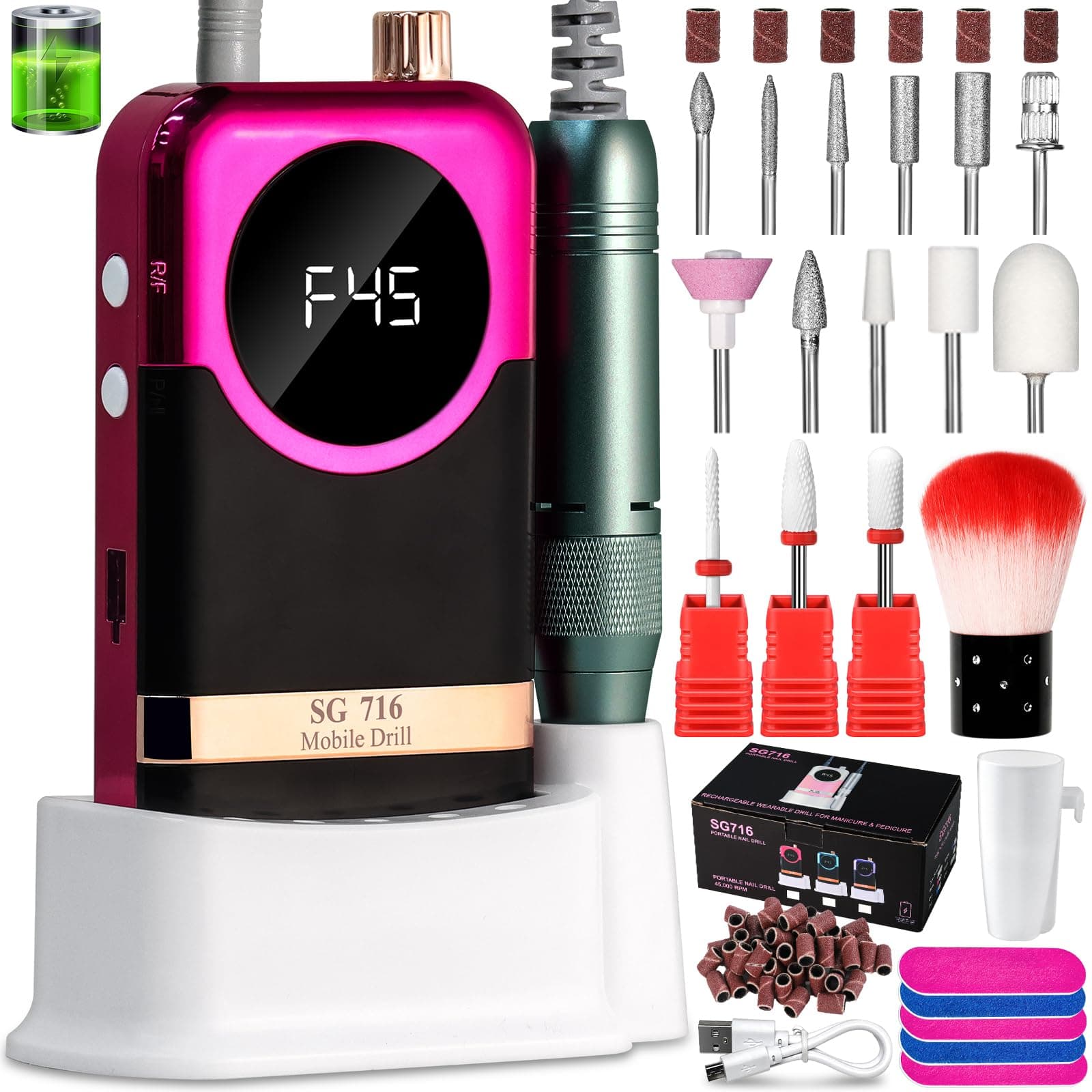 Electric Nail Drill Professional Kit - 45000RPM Electric Nail File Efile Portable Nail Drill Cordless with Bits & Base,E File Machine Nail Grinder for Women (Rose Red)