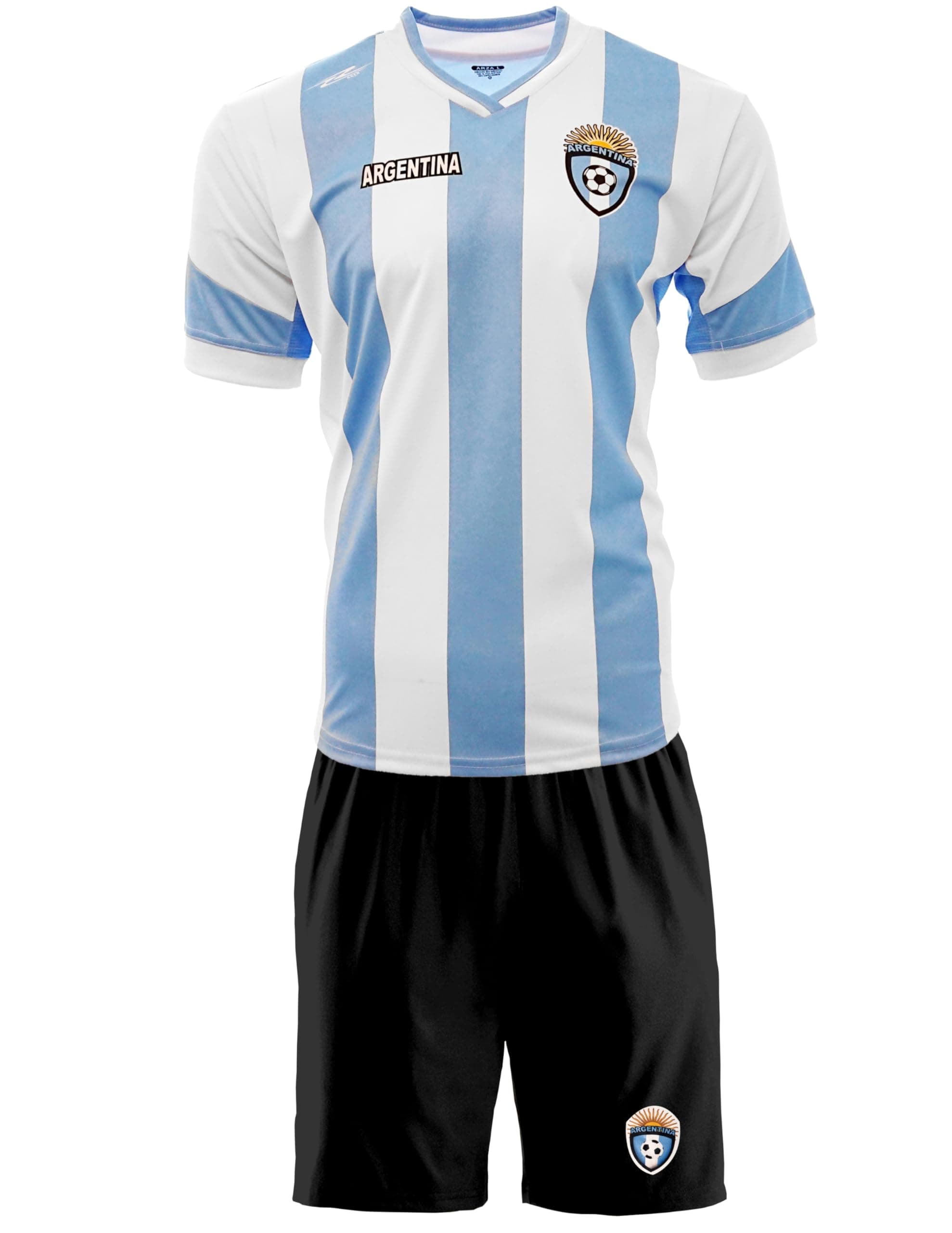 Soccer Uniform Set, Adult Size Jersey and Shorts, Short Sleeve, Polyester, Sublimated Design (2X-Large, Argentina)