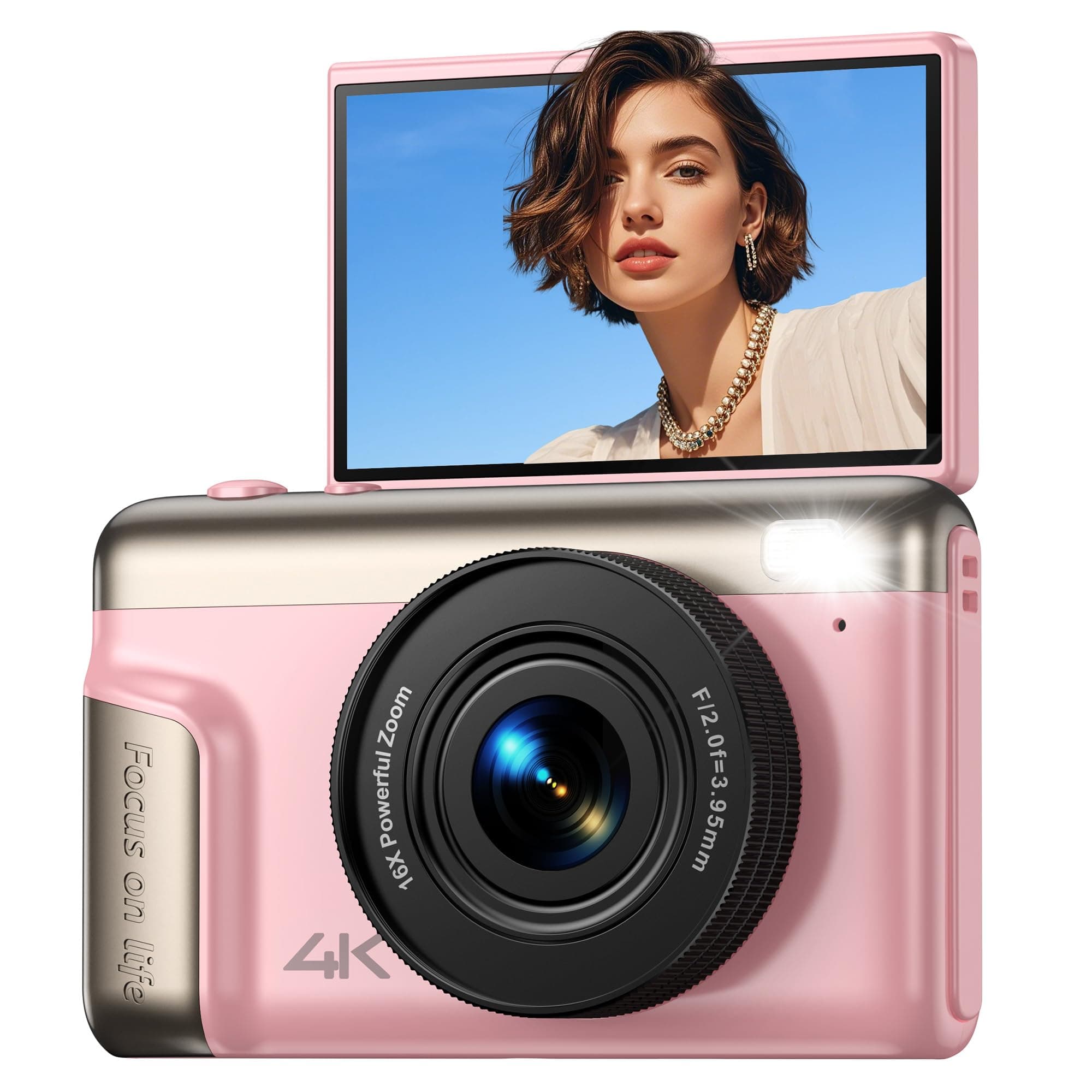 Digital Camera 4K for Photography Vlogging: 64MP Compact Photo Camera for Video 180° Flip Screen 3" Portable Digital Cameras with 16X Digital Zoom for Kids Beginners Adults Pink(SD Card Not Included)
