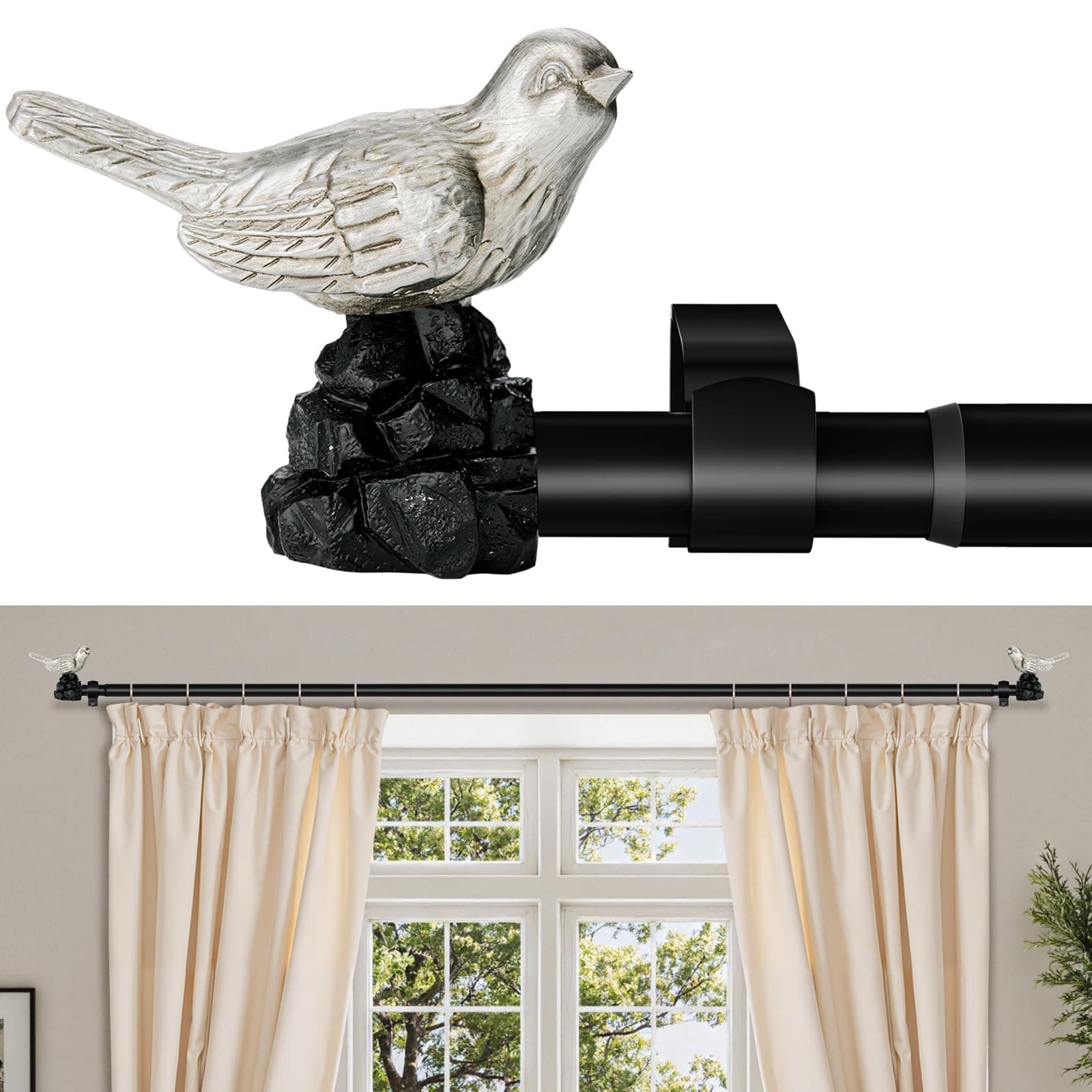 KVEEO Vintage Pewter Curtain Rod 18 to 45 Inches Curtain Rods for Windows Adjustable Heavy Duty Drapery Rod with Bird Finials for Kitchen Window Living Room