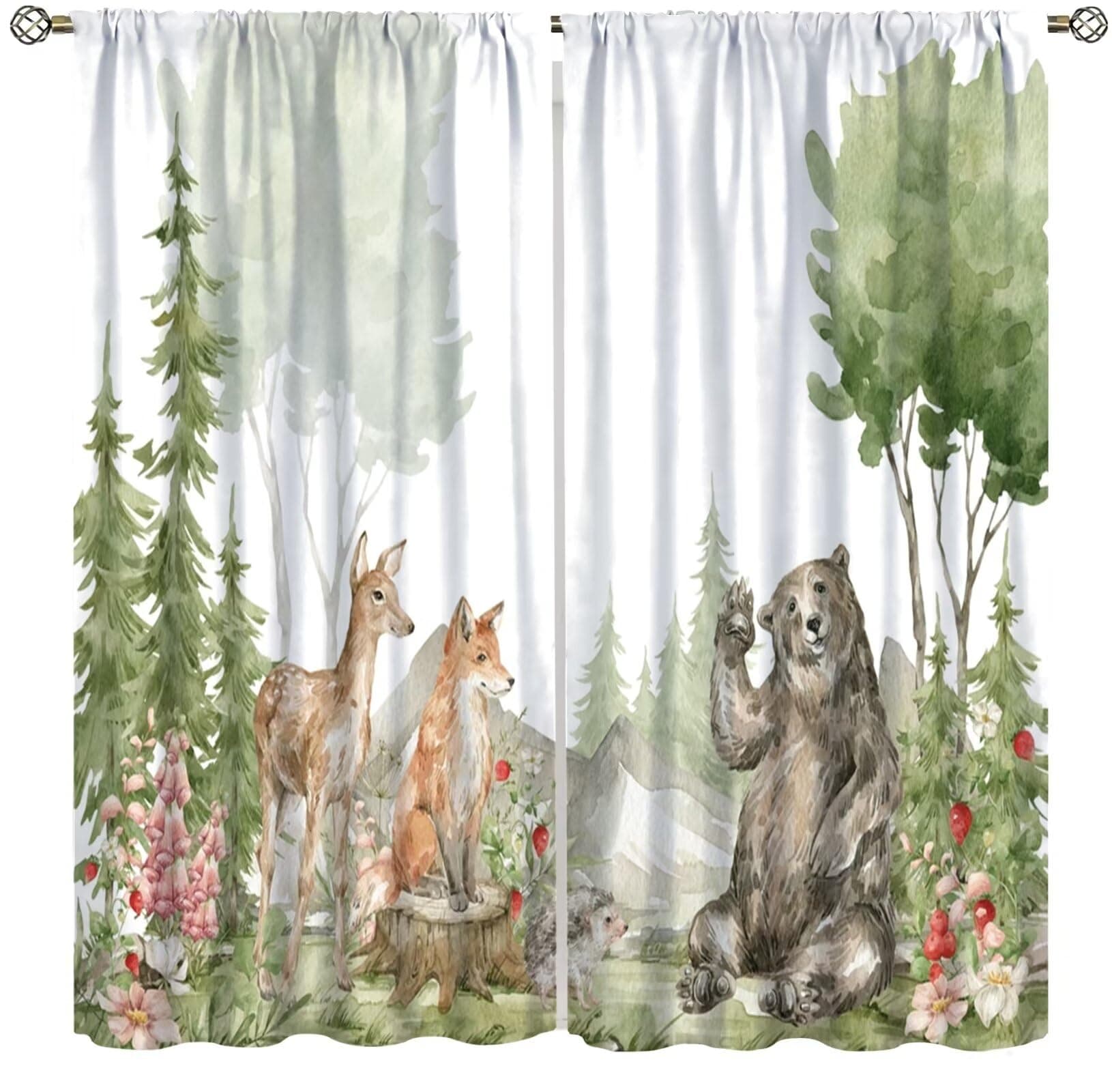 Focusbrite Kid Forest Woodland Animal Fox Elk Bear Watercolor Print Curtains for Nursery Bedroom Living Room, Rustic Wild Animal Window Drapes Set 2 Panels, 42x54 Inches
